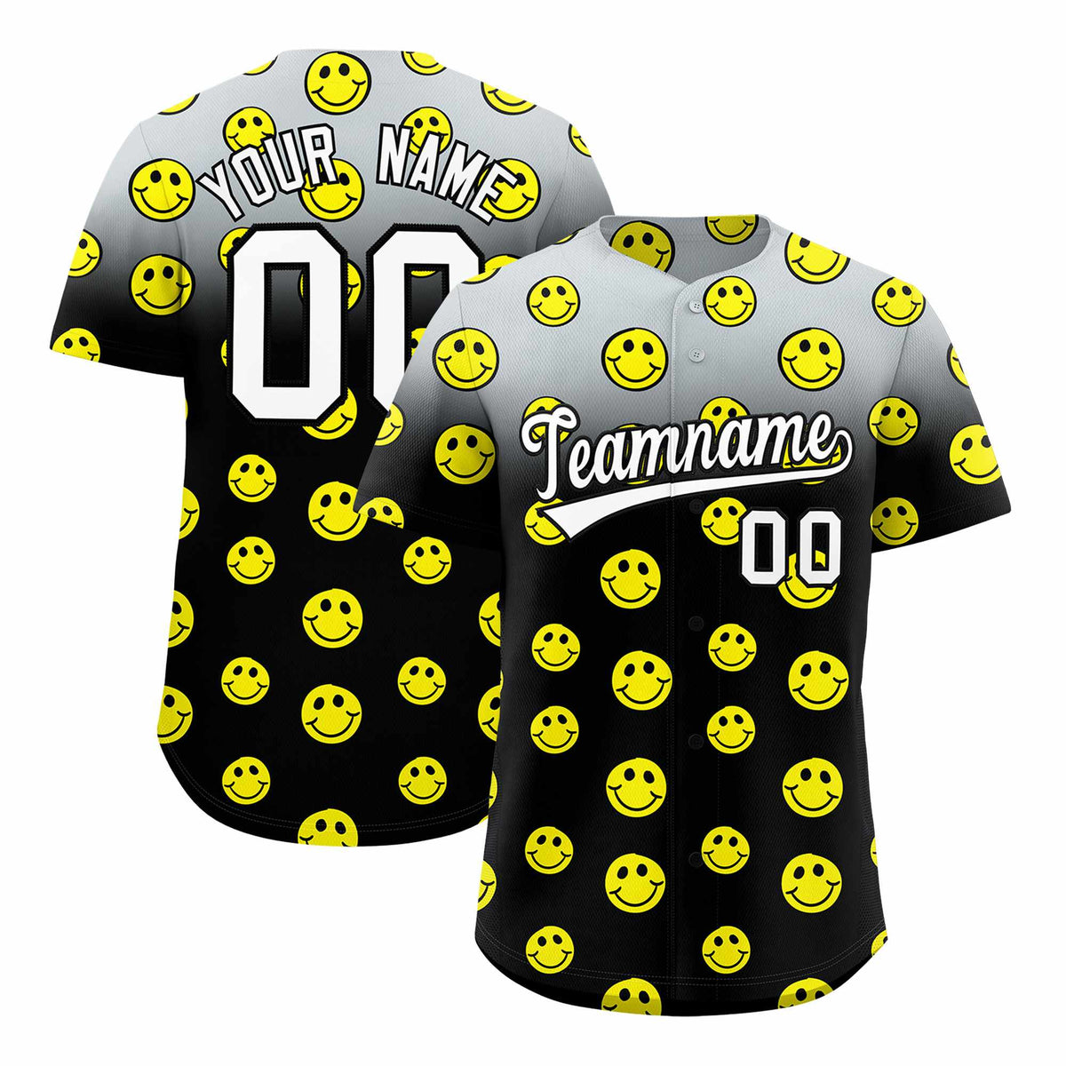 Custom Silver Black Graffiti Gradient Pattern Authentic Smile Baseball Jersey