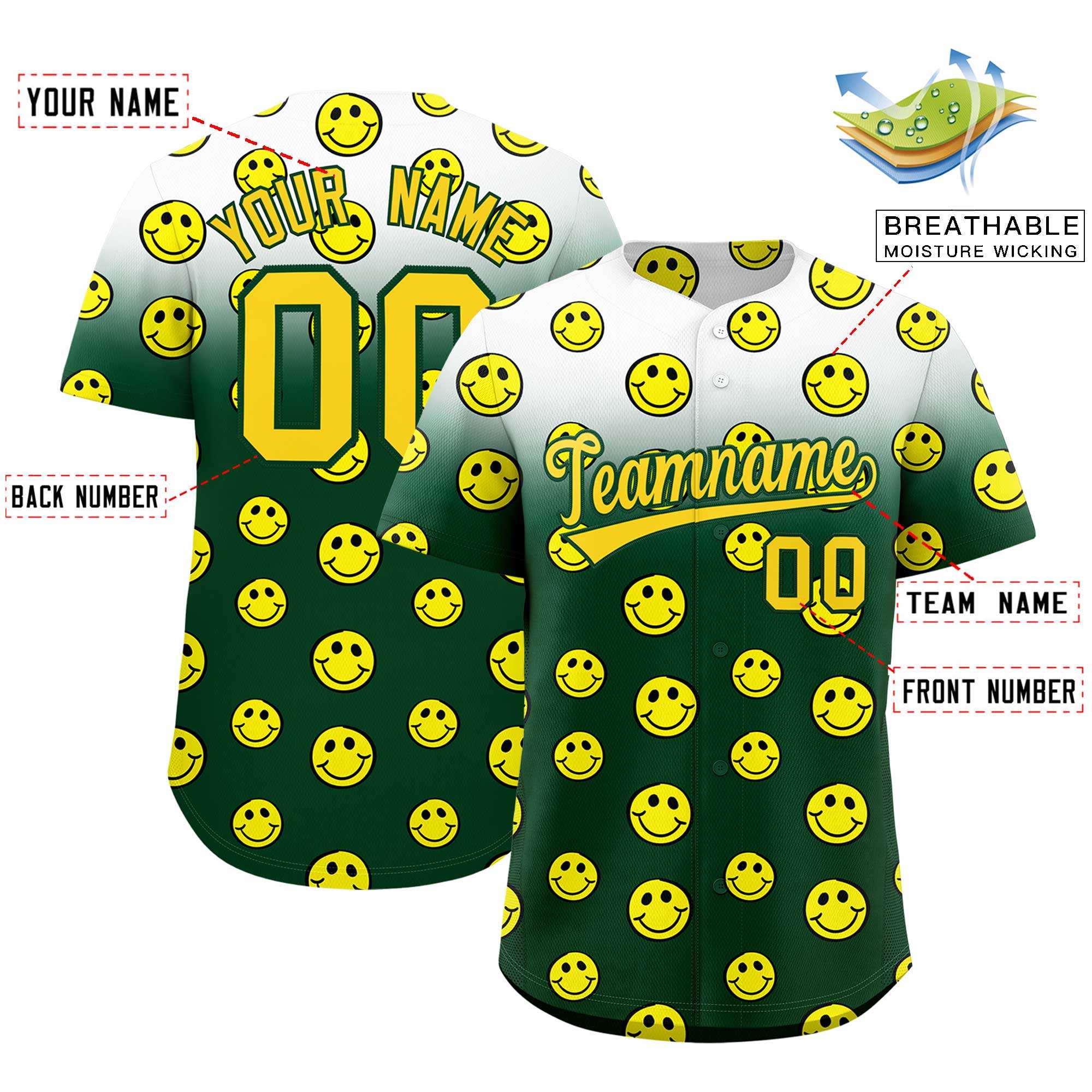 Custom White Green Graffiti Gradient Pattern Authentic Smile Baseball Jersey