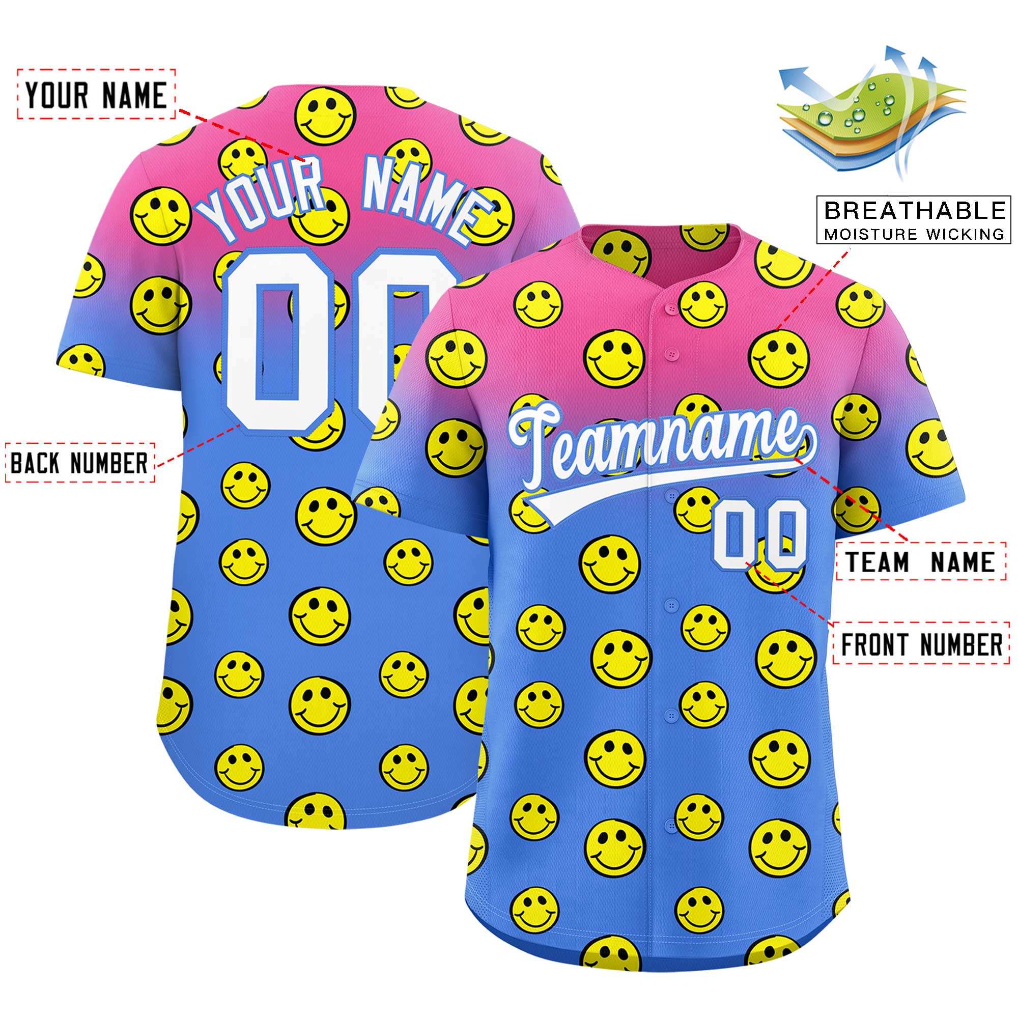 Custom Pink Light Blue Graffiti Gradient Pattern Authentic Smile Baseball Jersey