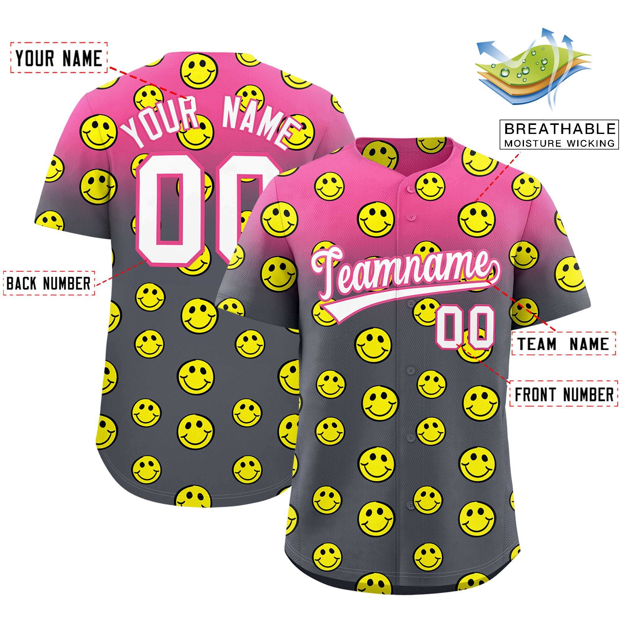 Custom Pink Dark Gray Graffiti Gradient Pattern Authentic Smile Baseball Jersey