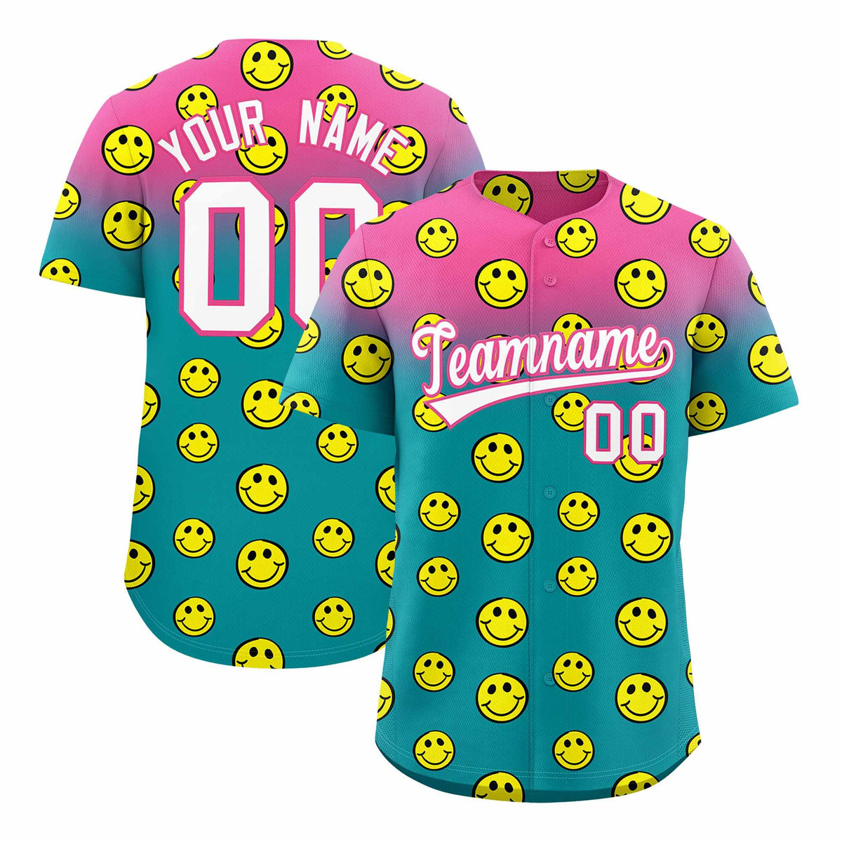 Custom Pink Aqua Graffiti Gradient Pattern Authentic Smile Baseball Jersey