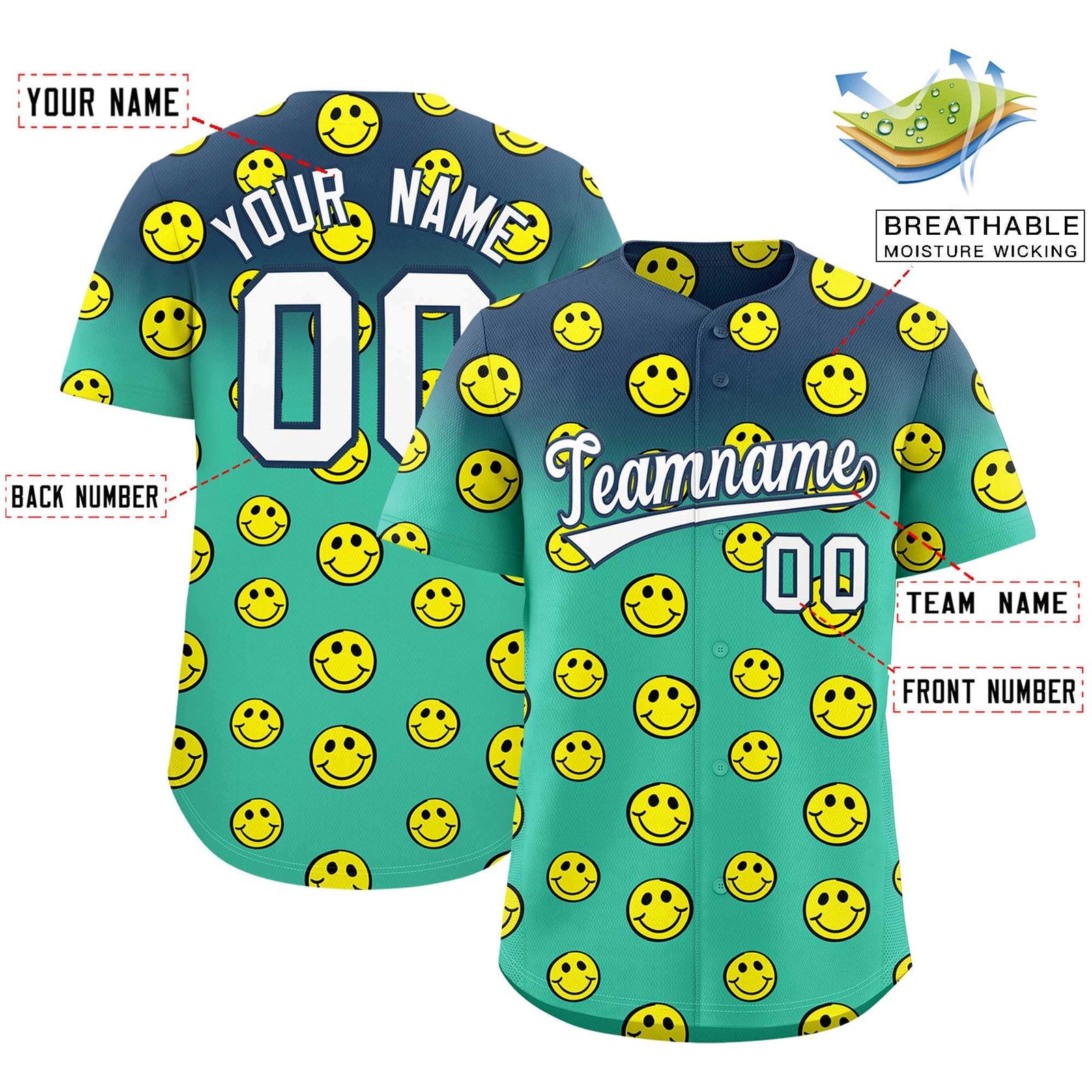 Custom Midnight Blue Bright Green Graffiti Gradient Pattern Authentic Smile Baseball Jersey