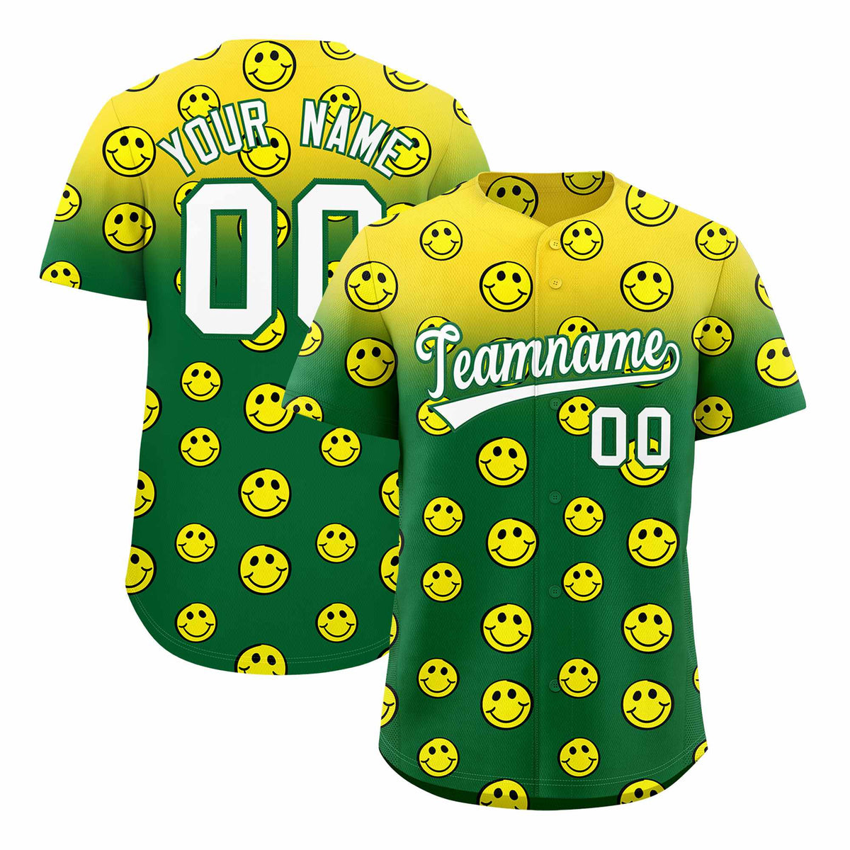 Custom Gold Kelly Green Graffiti Gradient Pattern Authentic Smile Baseball Jersey
