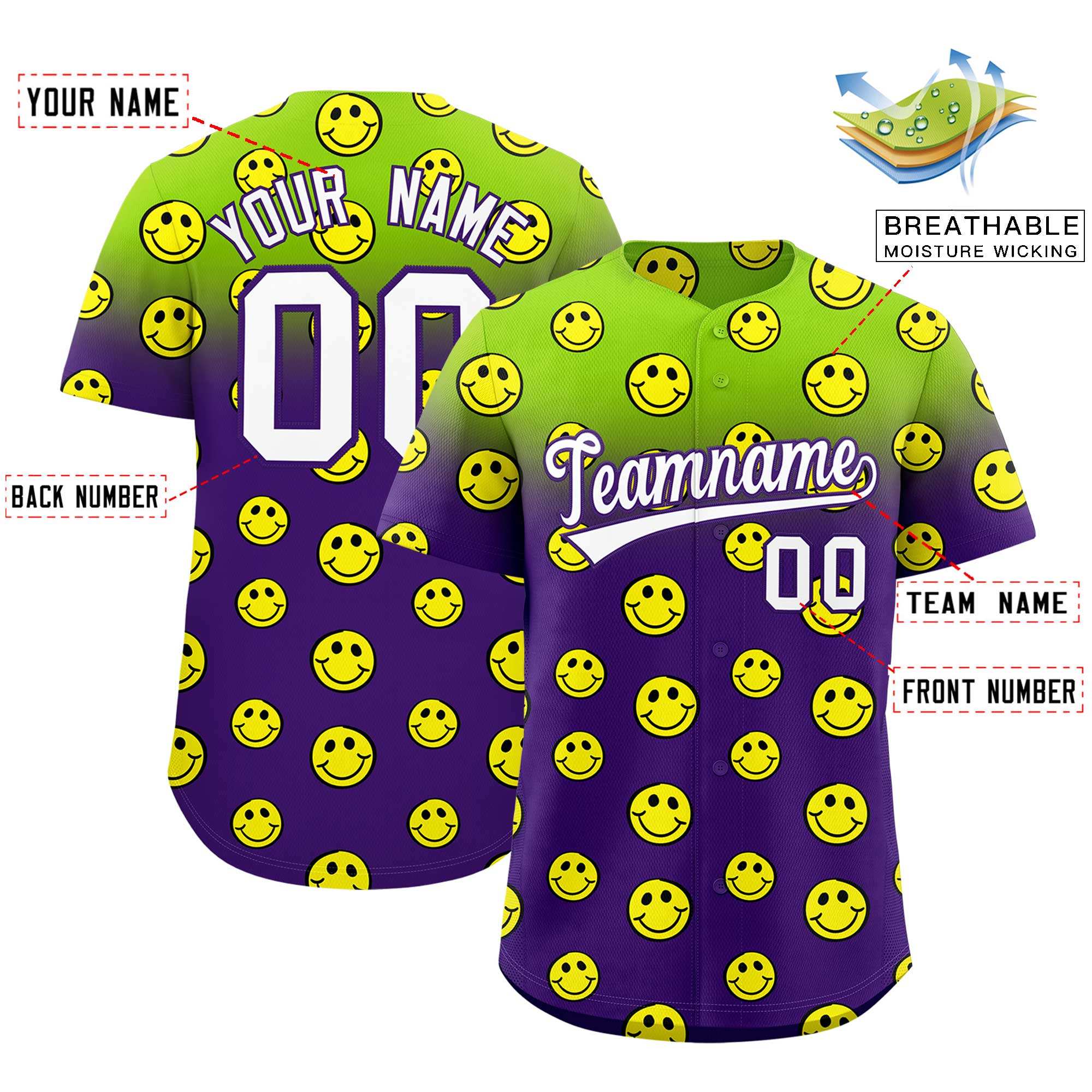 Custom Neon Green Purple Graffiti Gradient Pattern Authentic Smile Baseball Jersey