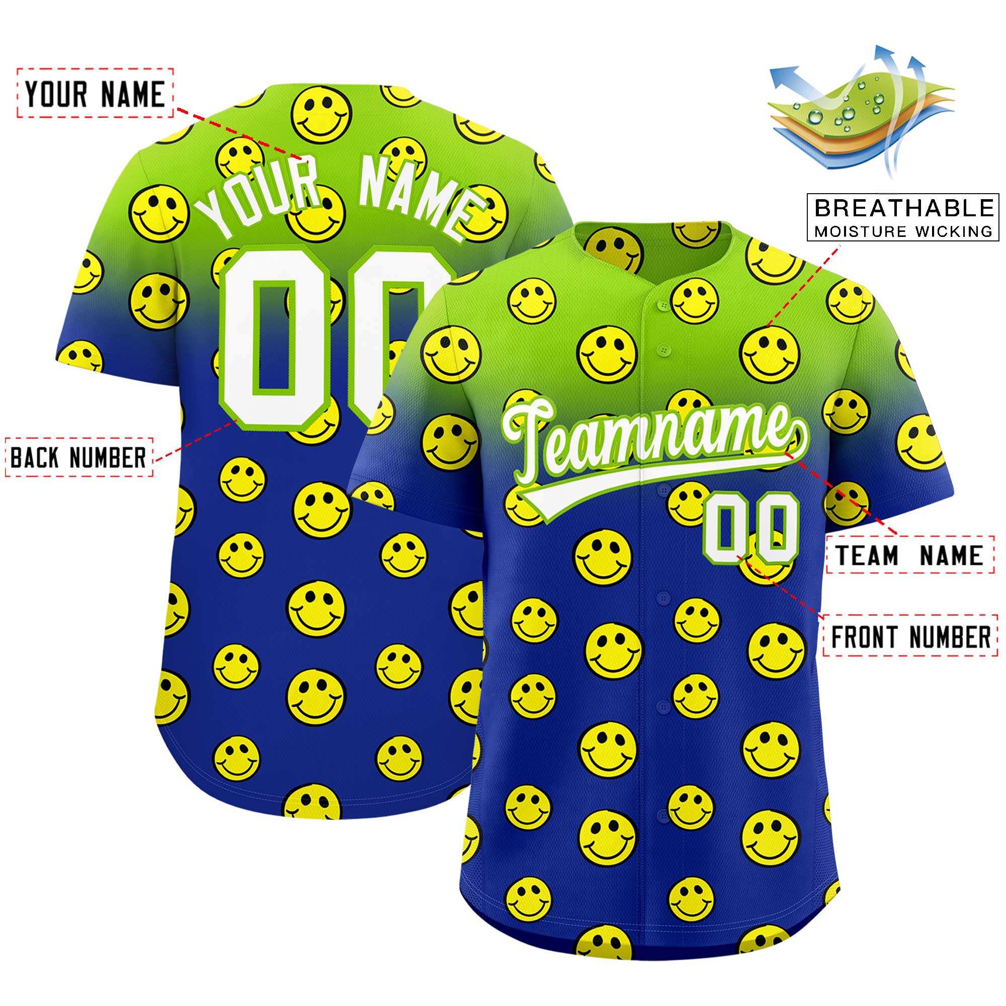 Custom Neon Green Royal Graffiti Gradient Pattern Authentic Smile Baseball Jersey