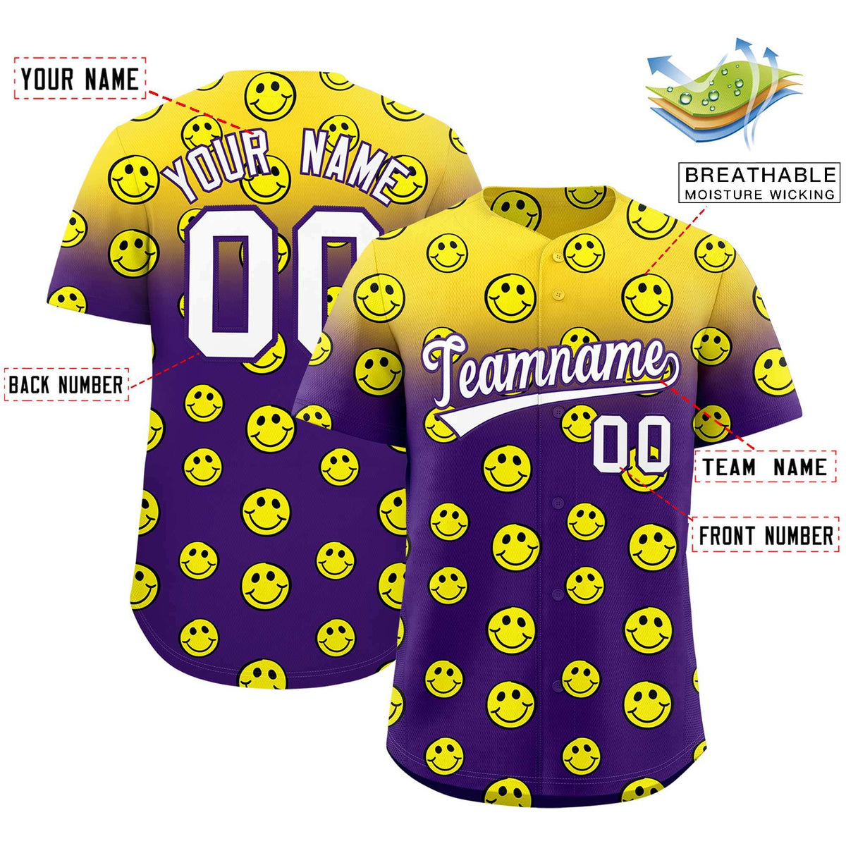 Custom Gold Purple Graffiti Gradient Pattern Authentic Smile Baseball Jersey