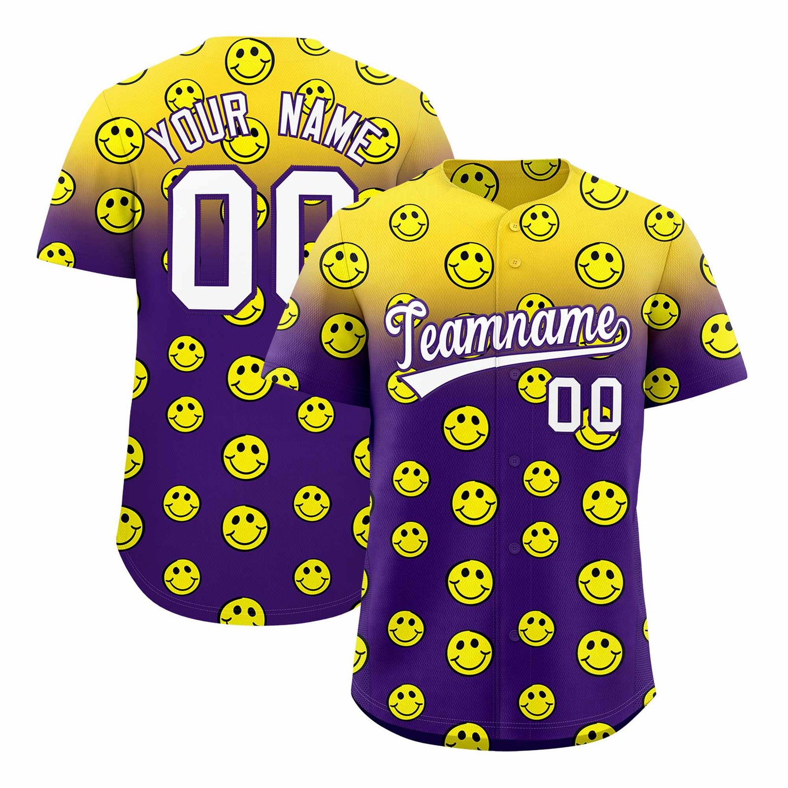Custom Gold Purple Graffiti Gradient Pattern Authentic Smile Baseball Jersey