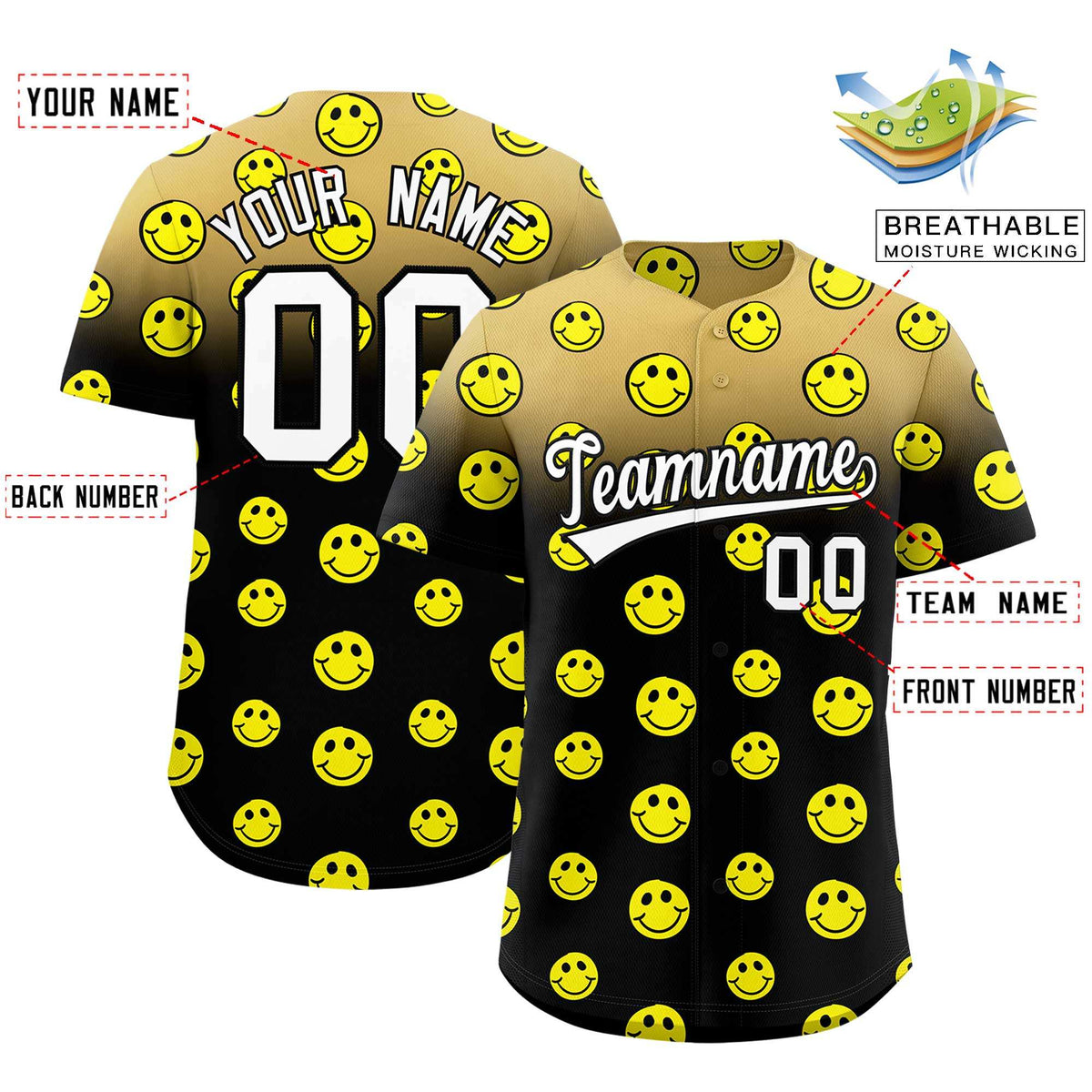 Custom Old Gold Black Graffiti Gradient Pattern Authentic Smile Baseball Jersey