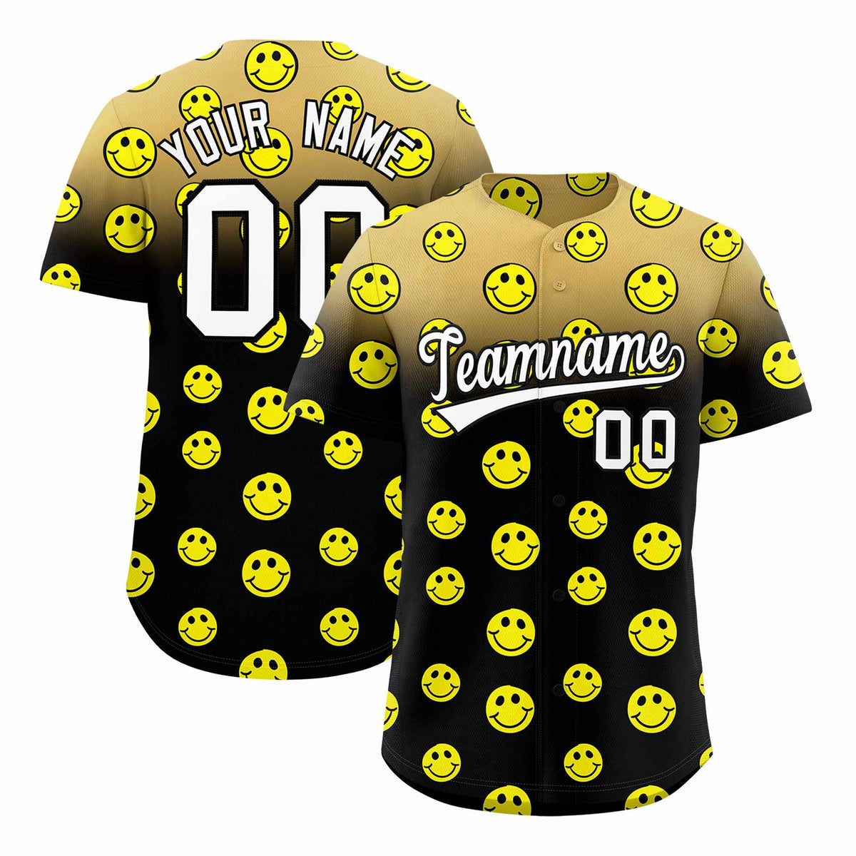 Custom Old Gold Black Graffiti Gradient Pattern Authentic Smile Baseball Jersey