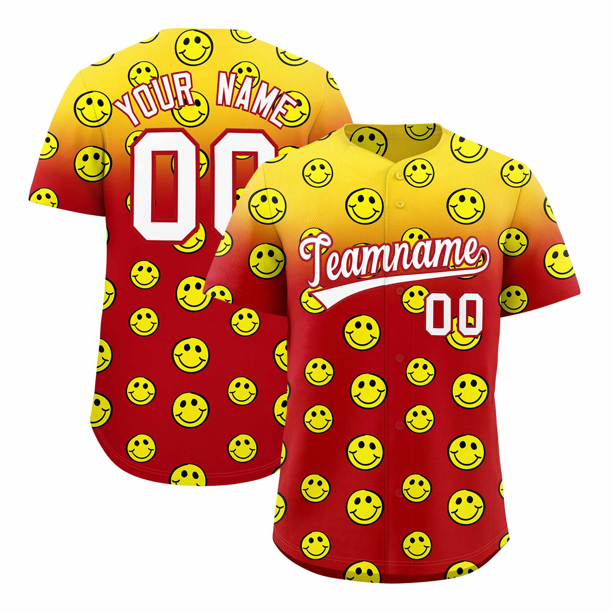 Custom Gold Red Graffiti Gradient Pattern Authentic Smile Baseball Jersey