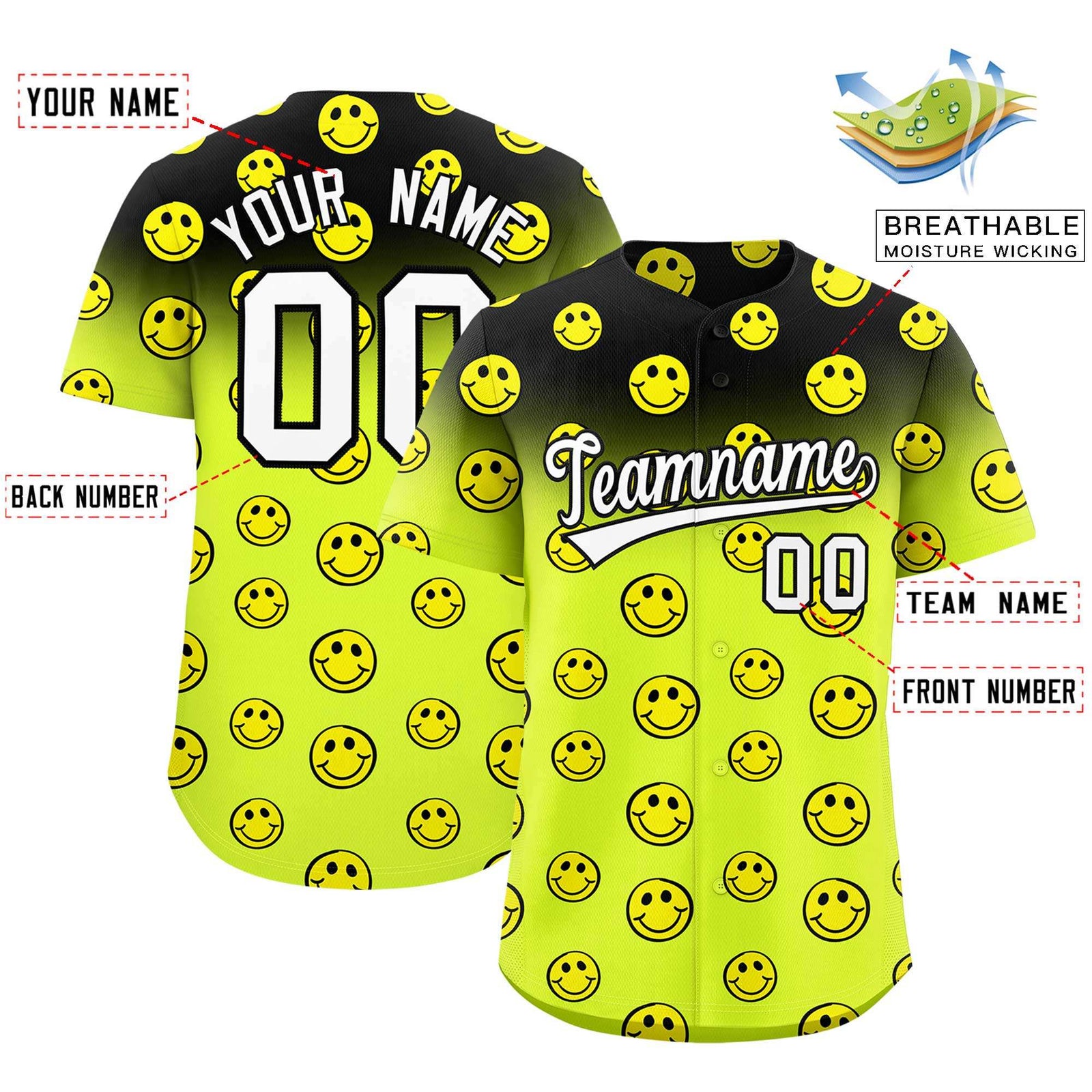 Custom Black Fluorescent Green Graffiti Gradient Pattern Authentic Smile Baseball Jersey