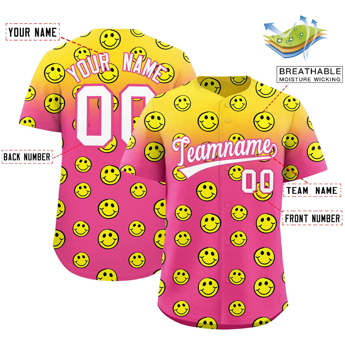 Custom Gold Pink Graffiti Gradient Pattern Authentic Smile Baseball Jersey