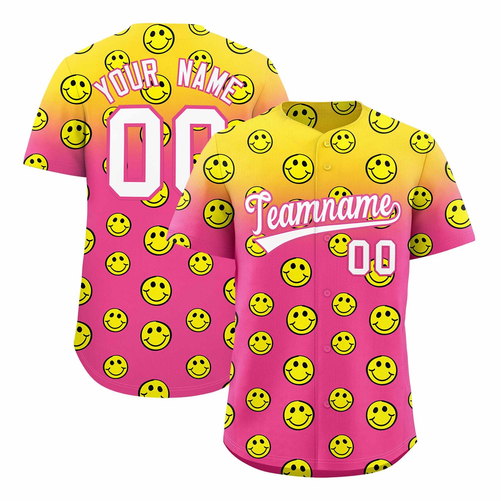 Custom Gold Pink Graffiti Gradient Pattern Authentic Smile Baseball Jersey