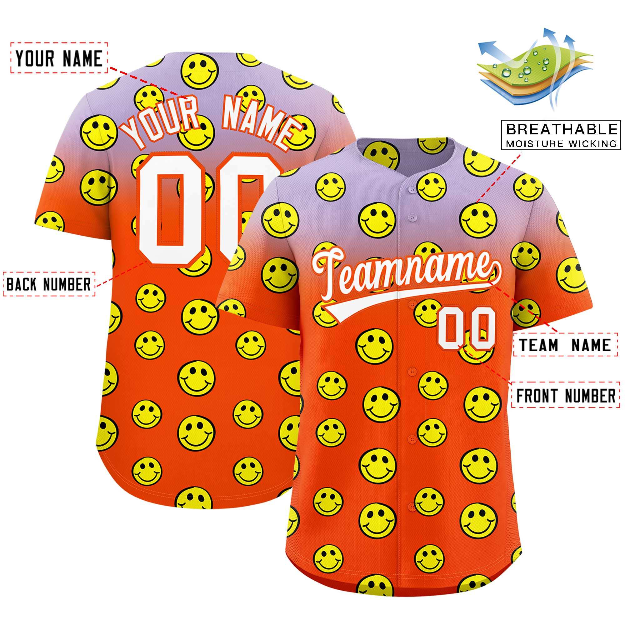 Custom Light Purple Orange Graffiti Gradient Pattern Authentic Smile Baseball Jersey