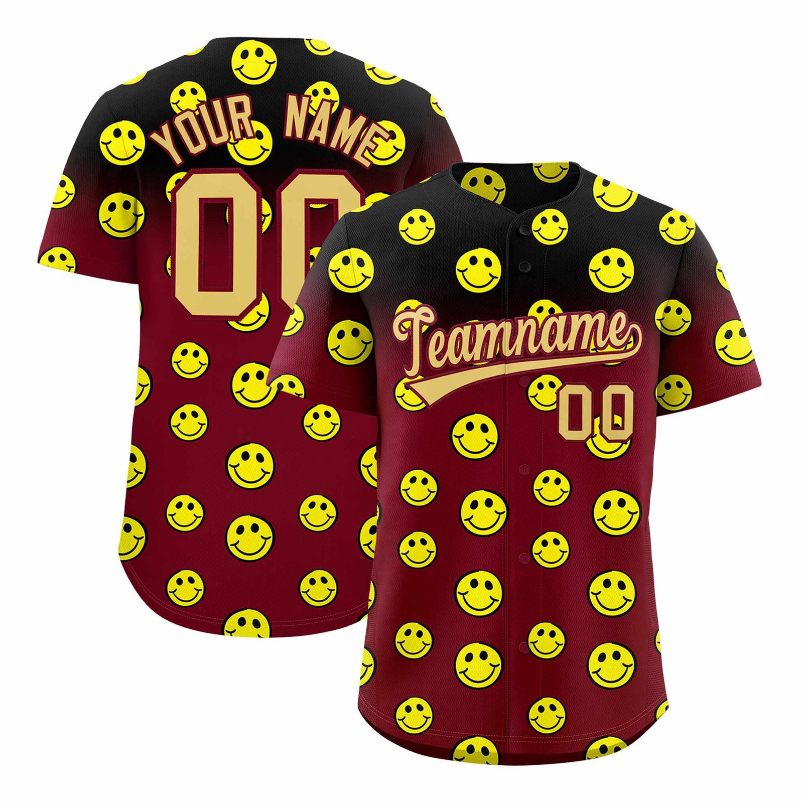 Custom Crimson Black Graffiti Gradient Pattern Authentic Smile Baseball Jersey