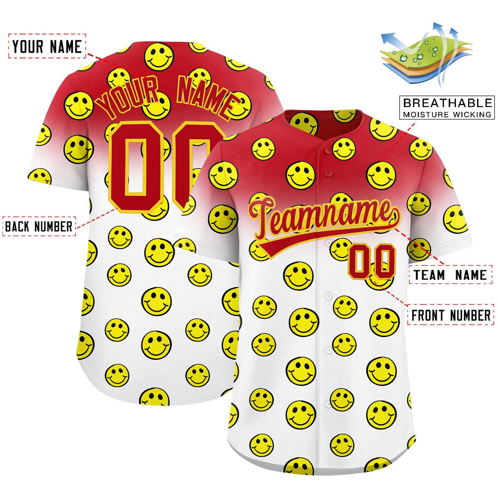 Custom Red White Graffiti Gradient Pattern Authentic Smile Baseball Jersey