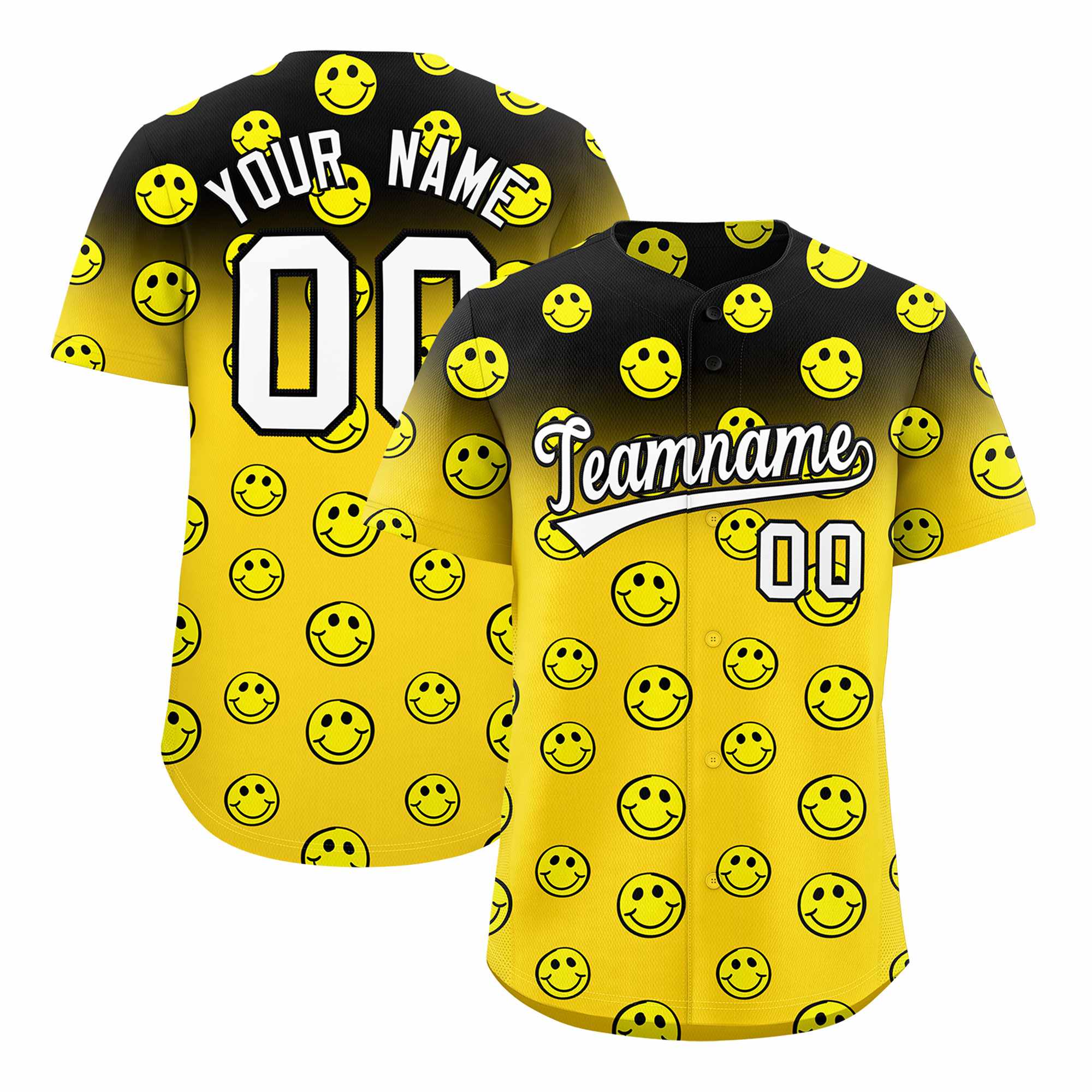 Custom Black Gold Graffiti Gradient Pattern Authentic Smile Baseball Jersey