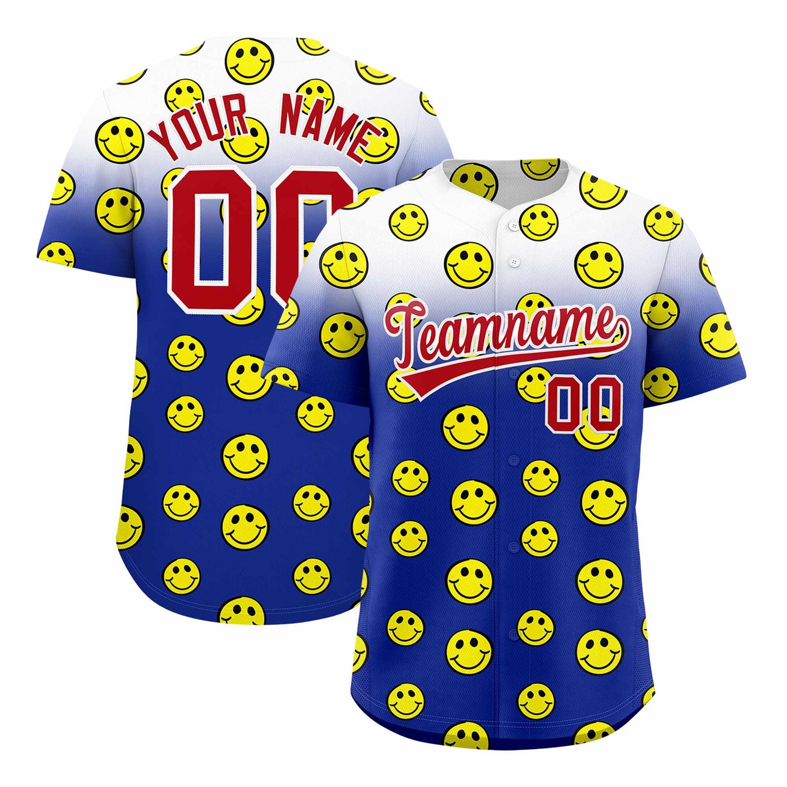 Custom White Royal Graffiti Gradient Pattern Authentic Smile Baseball Jersey