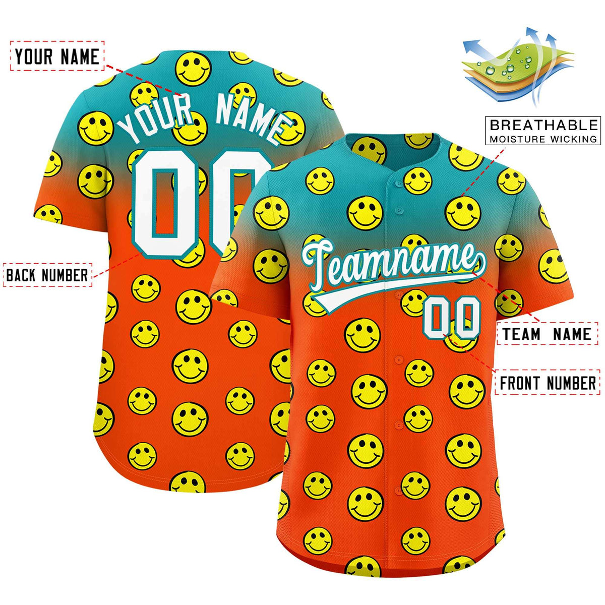 Custom Aqua Orange Graffiti Gradient Pattern Authentic Smile Baseball Jersey