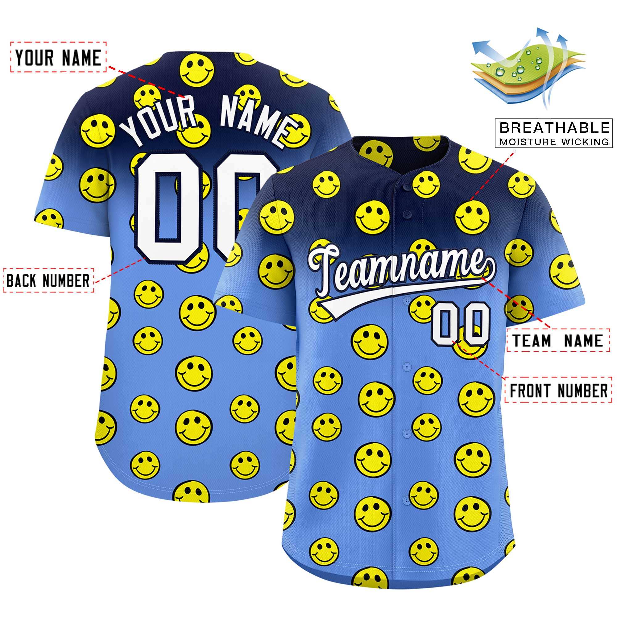 Custom Navy Light Blue Graffiti Gradient Pattern Authentic Smile Baseball Jersey