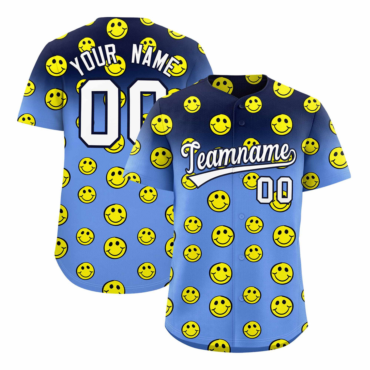Custom Navy Light Blue Graffiti Gradient Pattern Authentic Smile Baseball Jersey