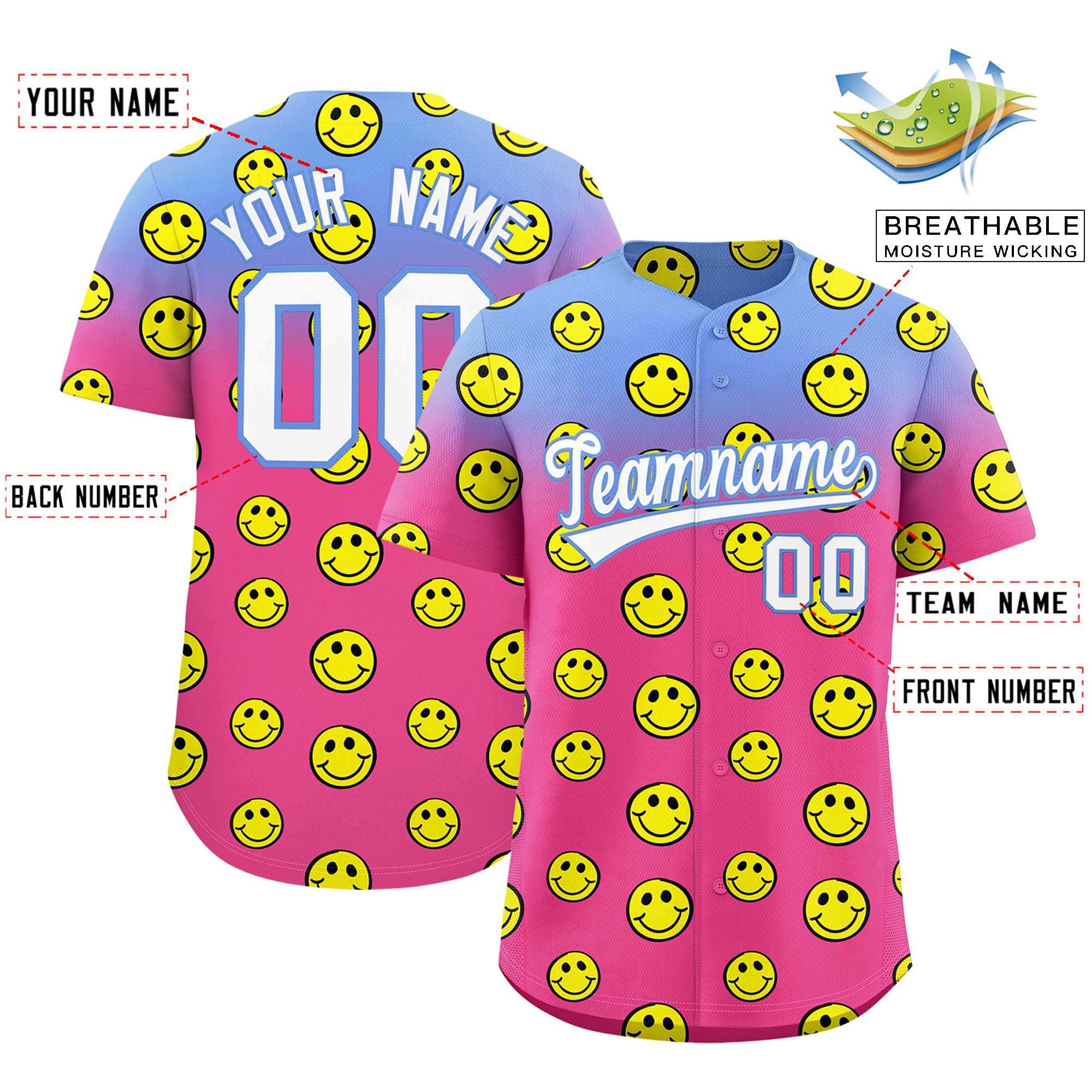Custom Light Blue Pink Graffiti Gradient Pattern Authentic Smile Baseball Jersey