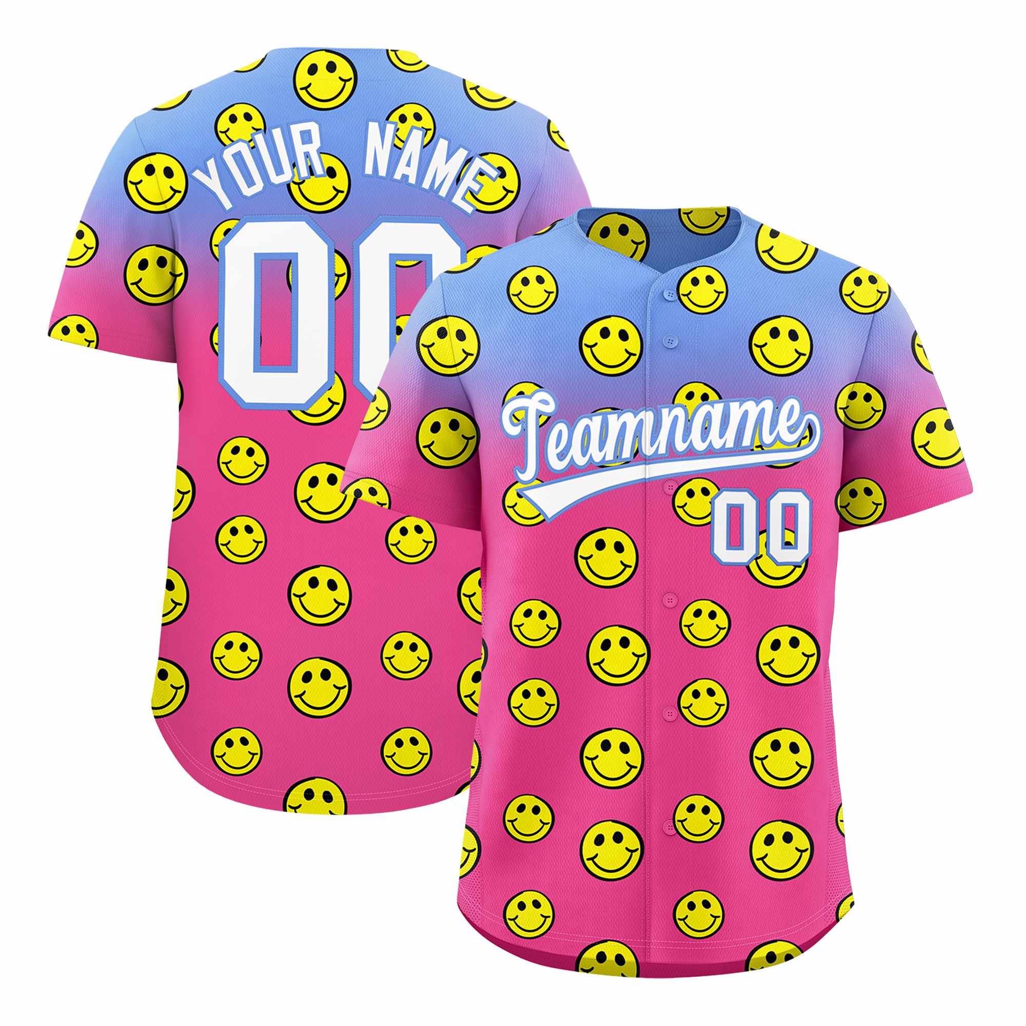 Custom Light Blue Pink Graffiti Gradient Pattern Authentic Smile Baseball Jersey