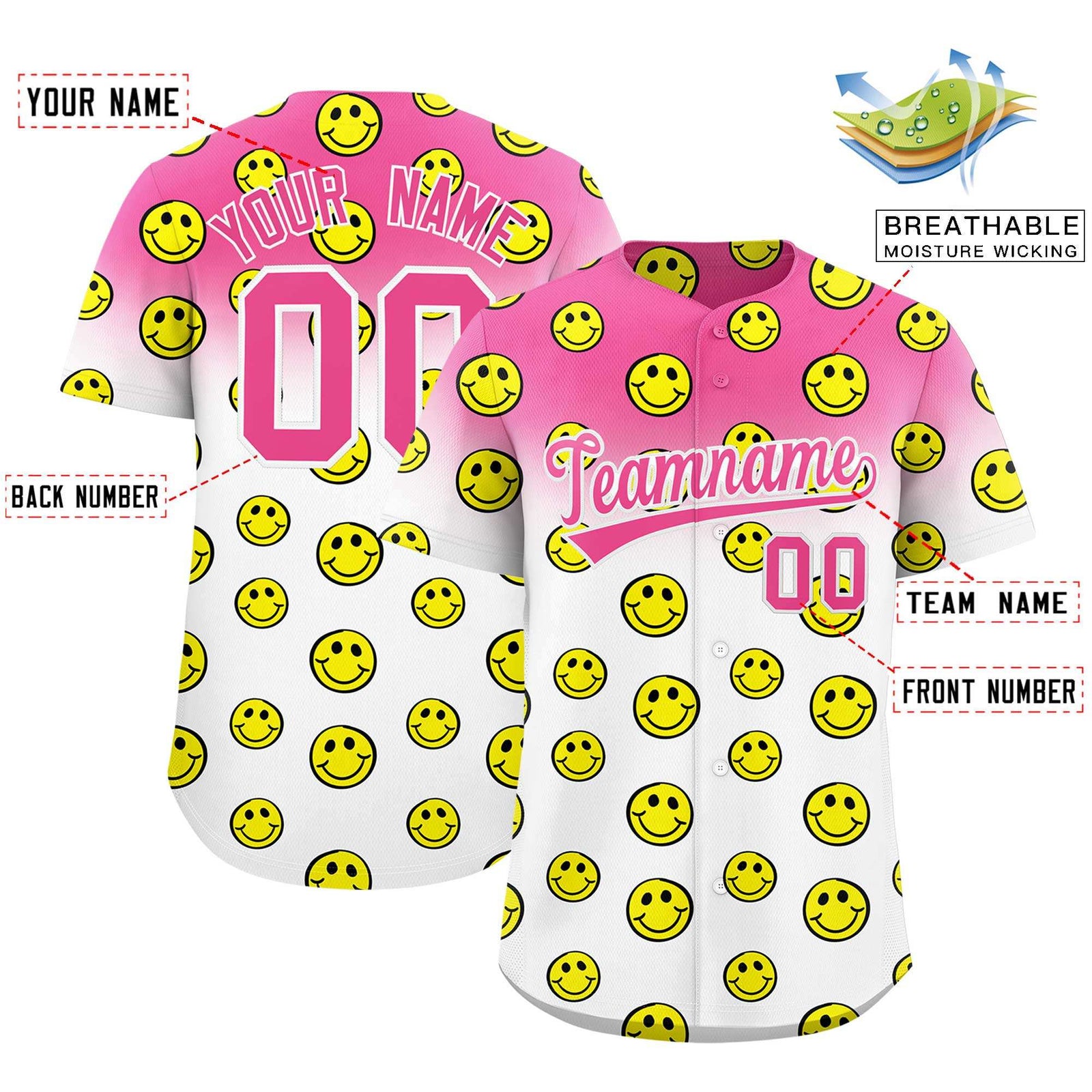 Custom Pink White Graffiti Gradient Pattern Authentic Smile Baseball Jersey