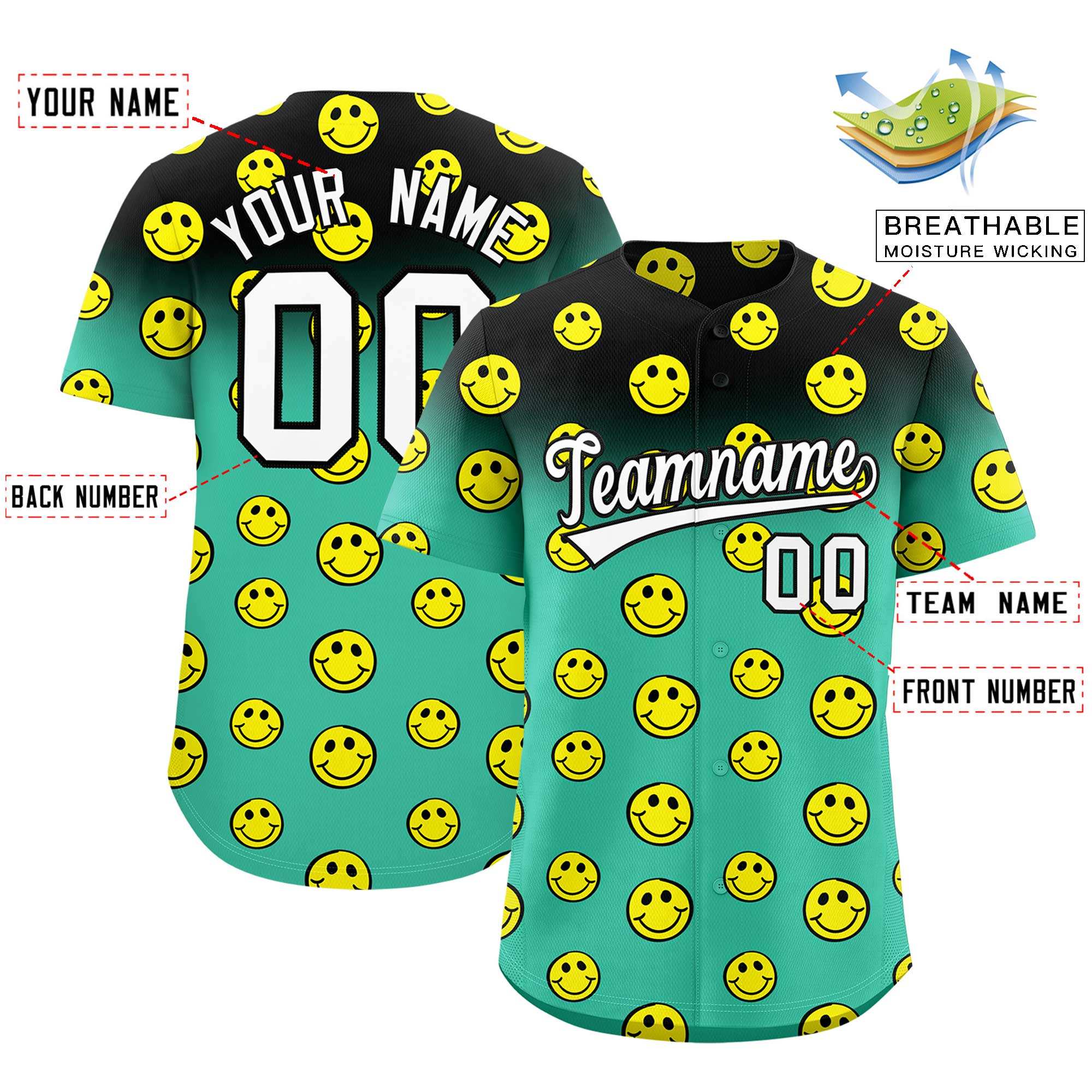 Custom Black Bright Green Graffiti Gradient Pattern Authentic Smile Baseball Jersey