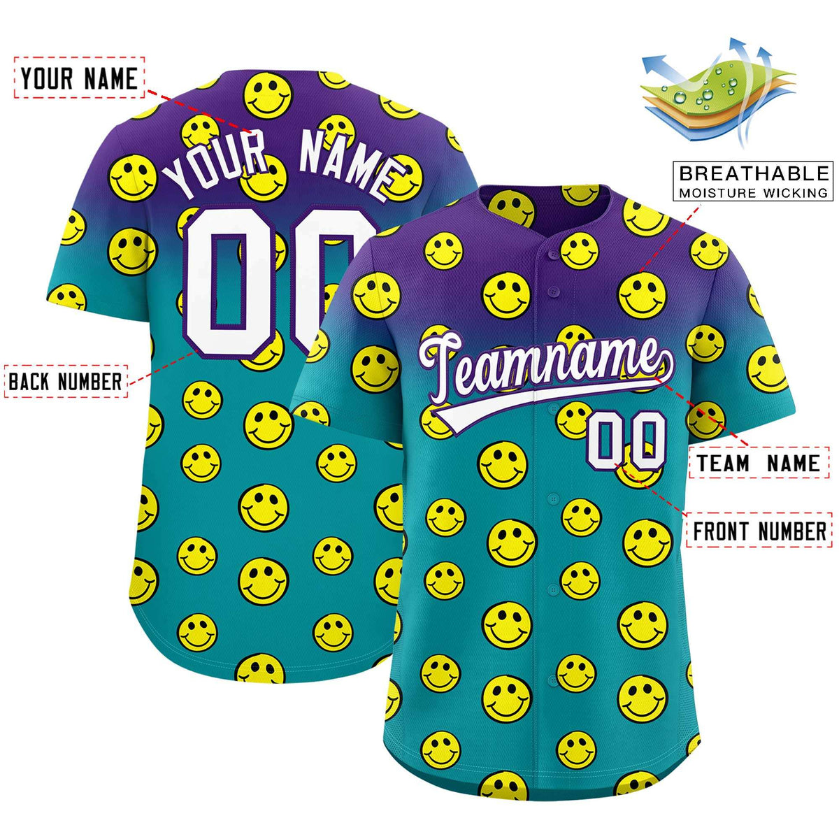 Custom Purple Aqua Graffiti Gradient Pattern Authentic Smile Baseball Jersey