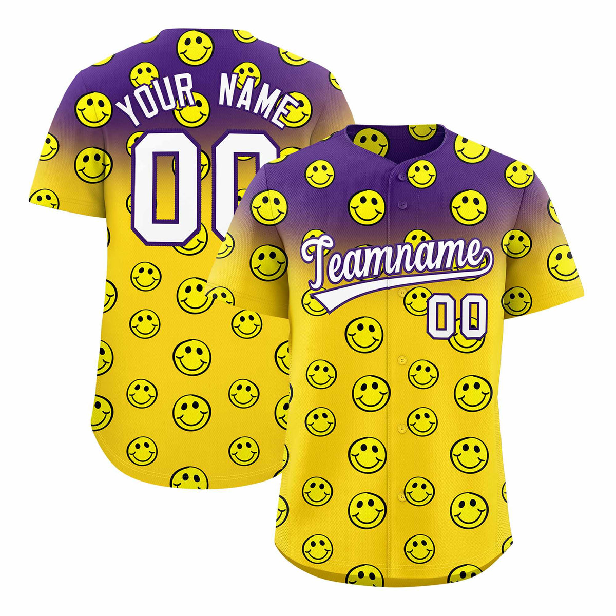 Custom Purple Gold Graffiti Gradient Pattern Authentic Smile Baseball Jersey