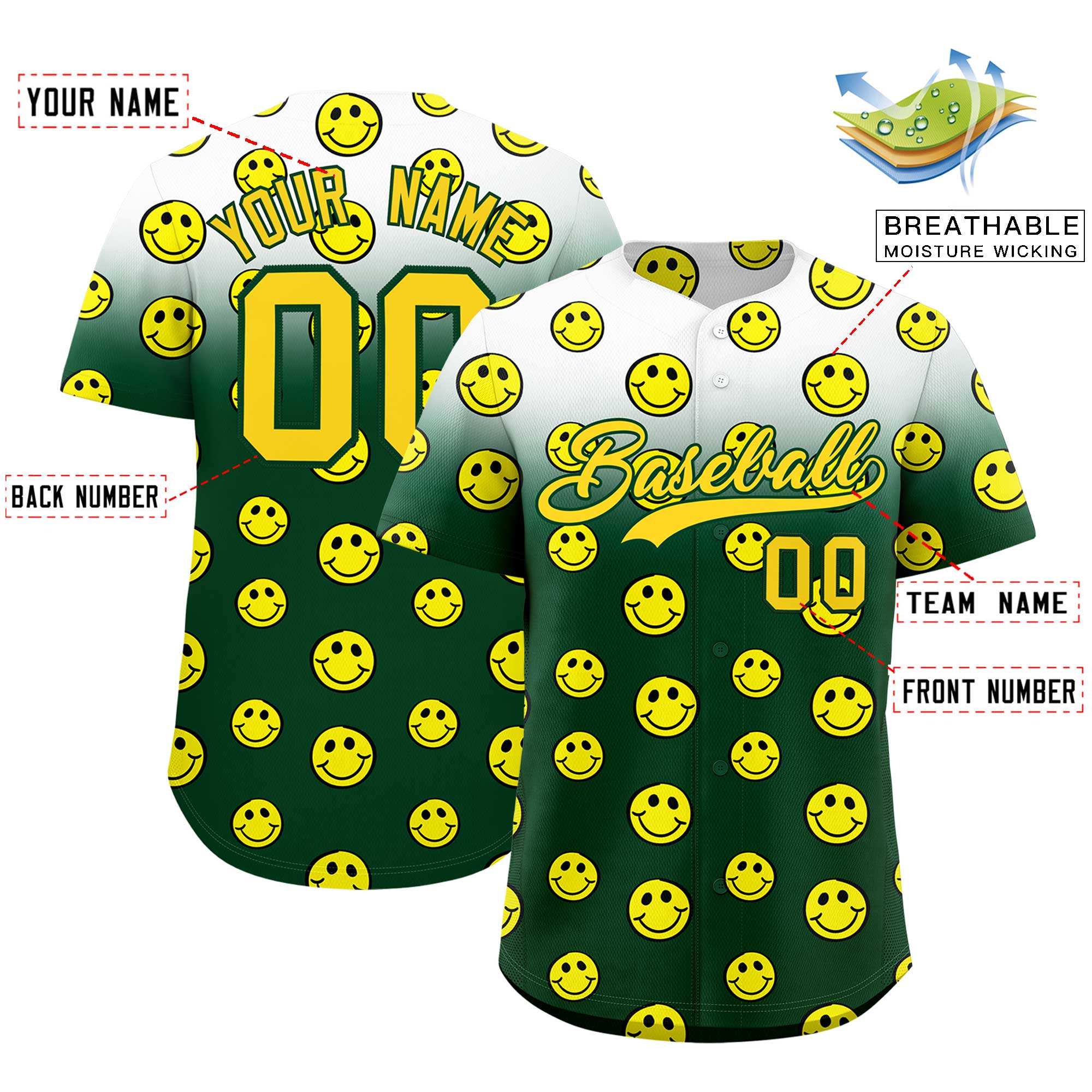Custom White Green Graffiti Gradient Pattern Authentic Smile Baseball Jersey