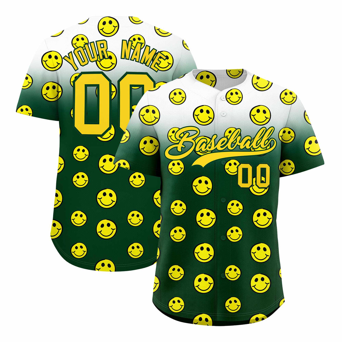 Custom White Green Graffiti Gradient Pattern Authentic Smile Baseball Jersey