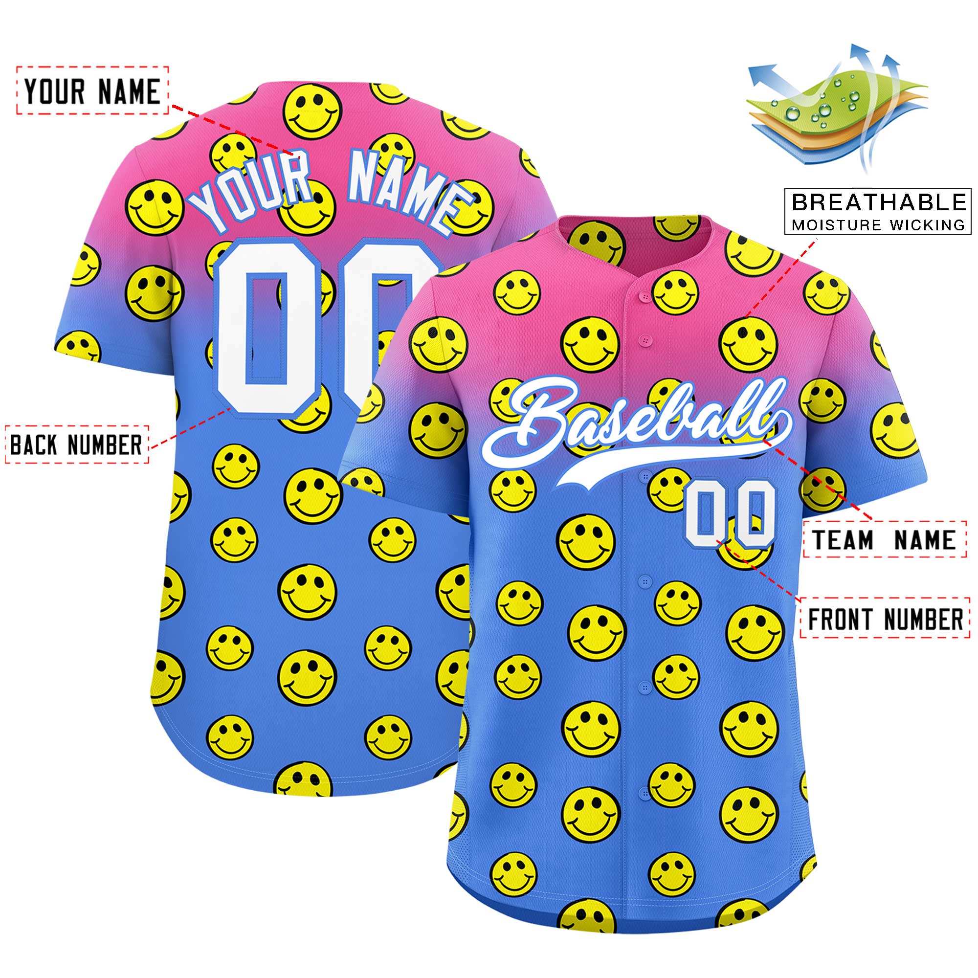 Custom Pink Light Blue Graffiti Gradient Pattern Authentic Smile Baseball Jersey