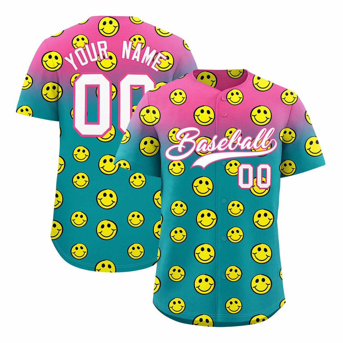 Custom Pink Aqua Graffiti Gradient Pattern Authentic Smile Baseball Jersey