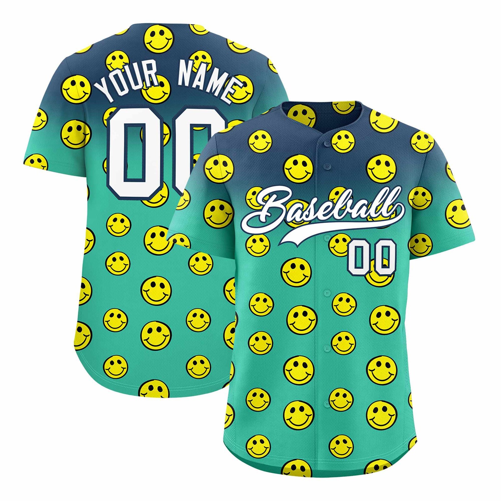 Custom Midnight Blue Bright Green Graffiti Gradient Pattern Authentic Smile Baseball Jersey