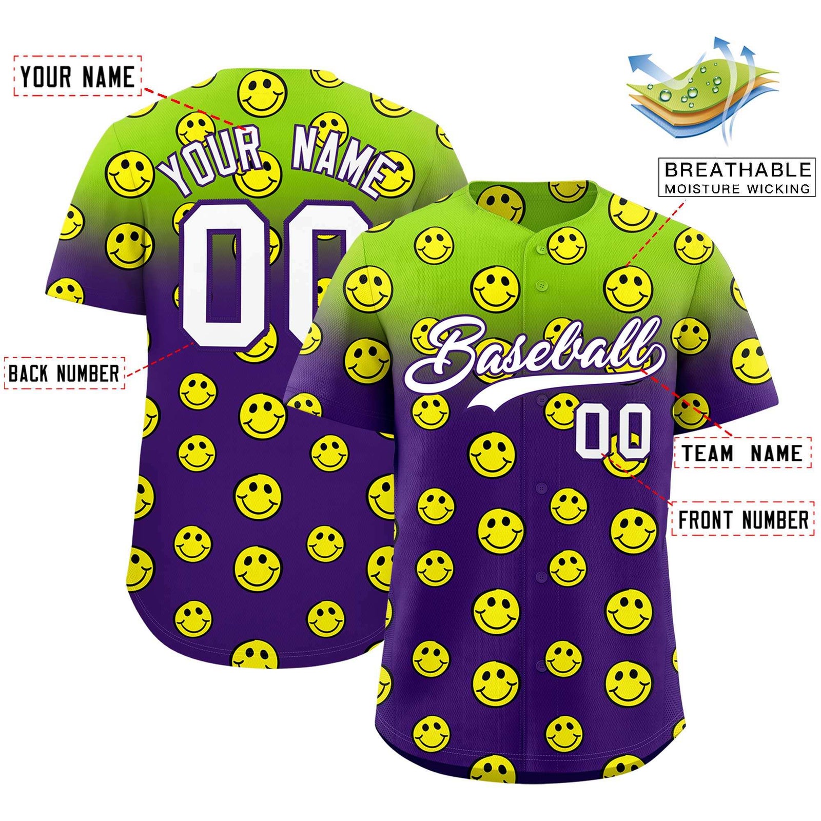 Custom Neon Green Purple Graffiti Gradient Pattern Authentic Smile Baseball Jersey