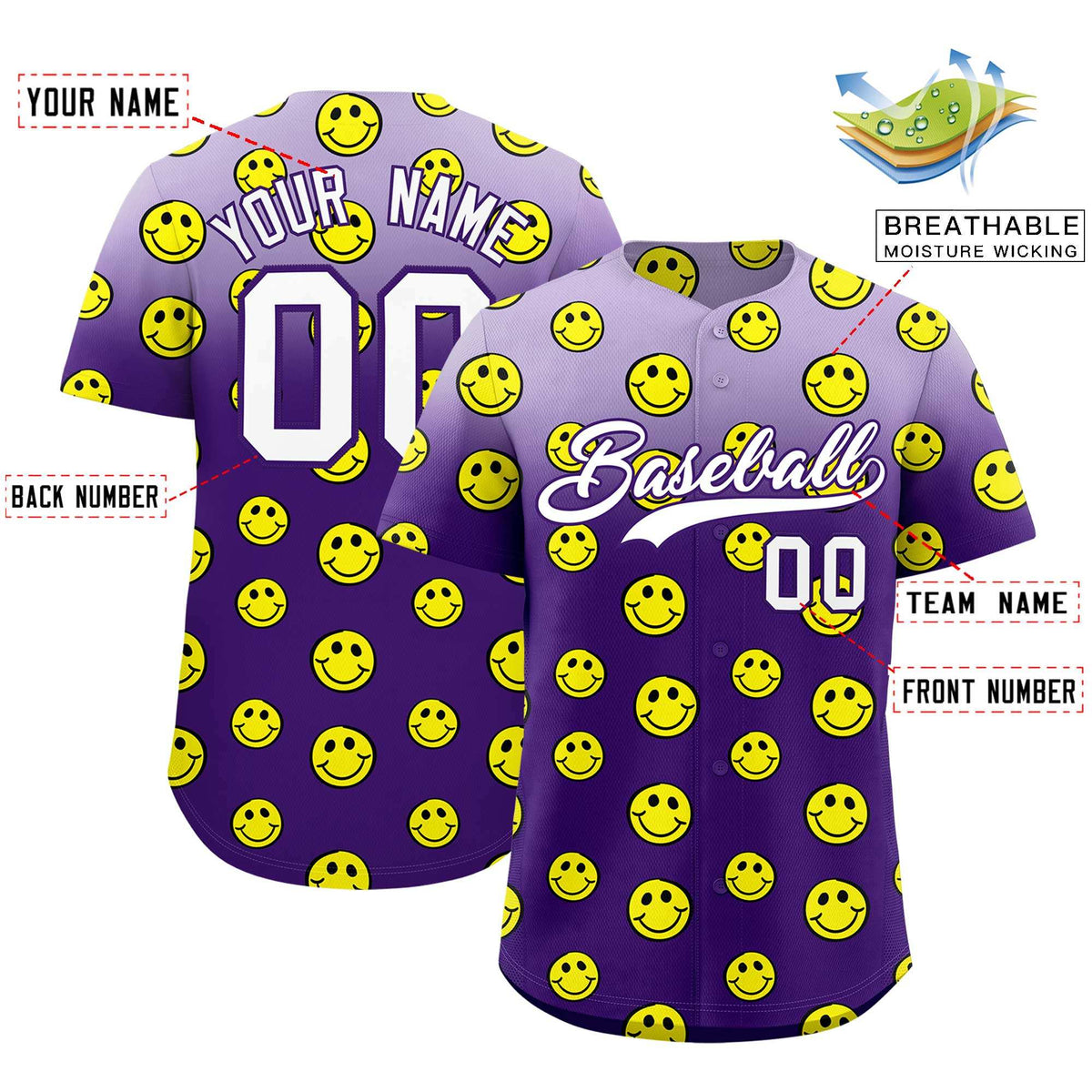 Custom Light Purple Purple Graffiti Gradient Pattern Authentic Smile Baseball Jersey