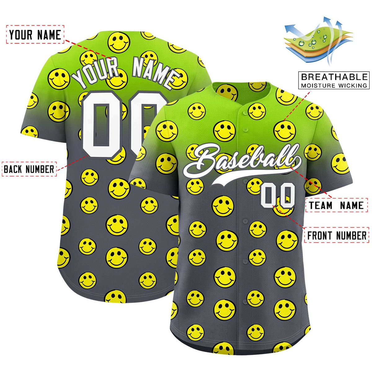 Custom Neon Green Dark Gray Graffiti Gradient Pattern Authentic Smile Baseball Jersey