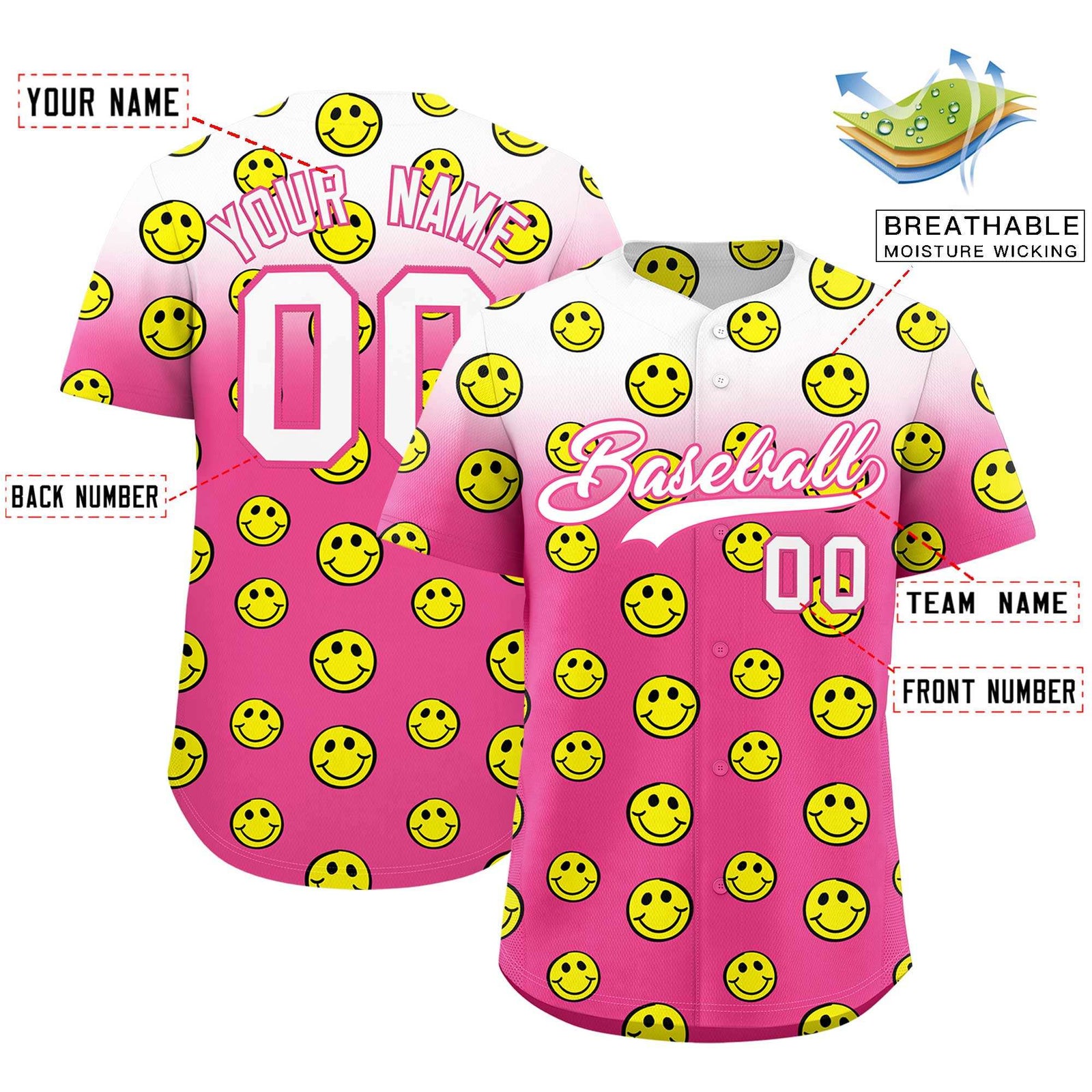 Custom White Pink Graffiti Gradient Pattern Authentic Smile Baseball Jersey