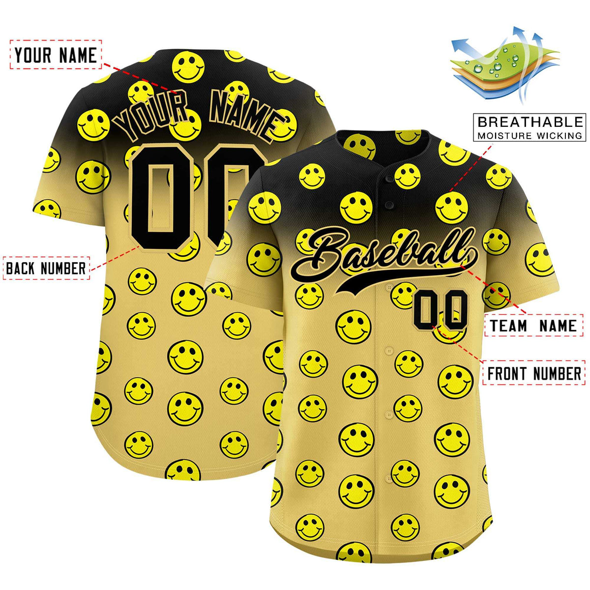 Custom Black Old Gold Graffiti Gradient Pattern Authentic Smile Baseball Jersey