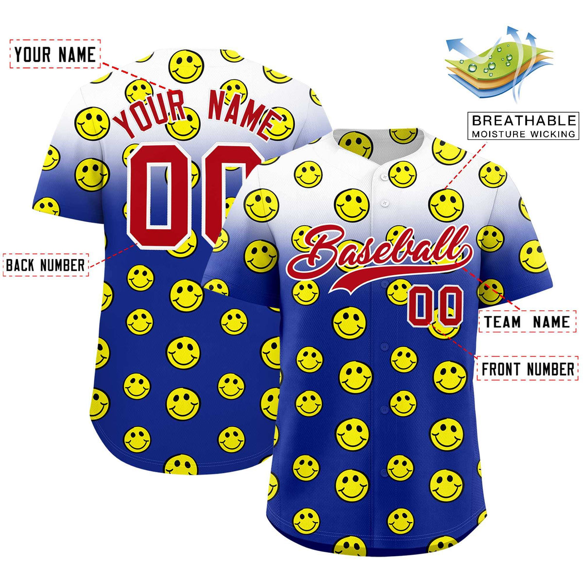 Custom White Royal Graffiti Gradient Pattern Authentic Smile Baseball Jersey