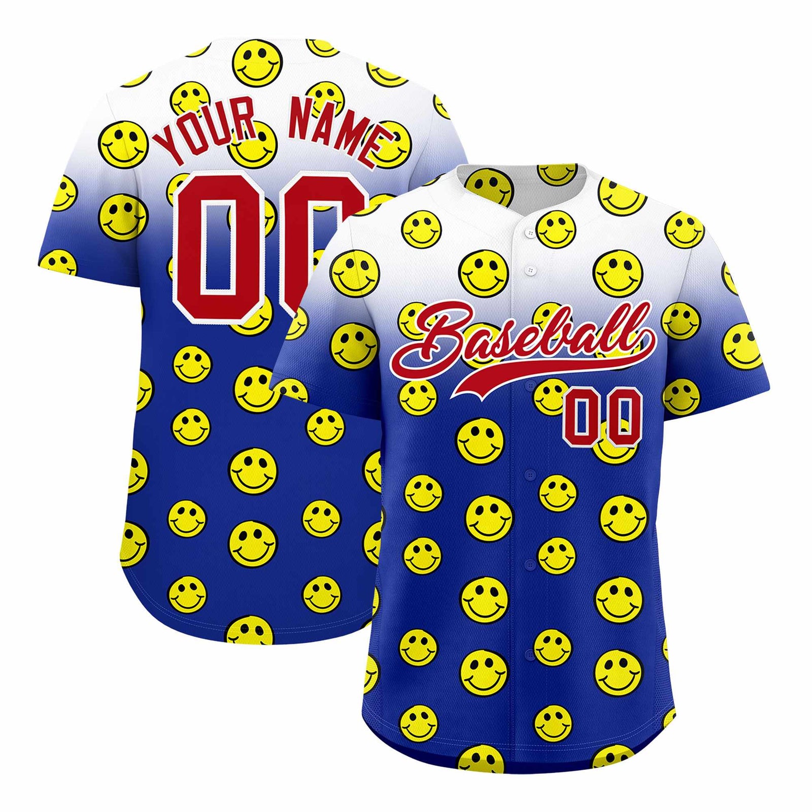 Custom White Royal Graffiti Gradient Pattern Authentic Smile Baseball Jersey