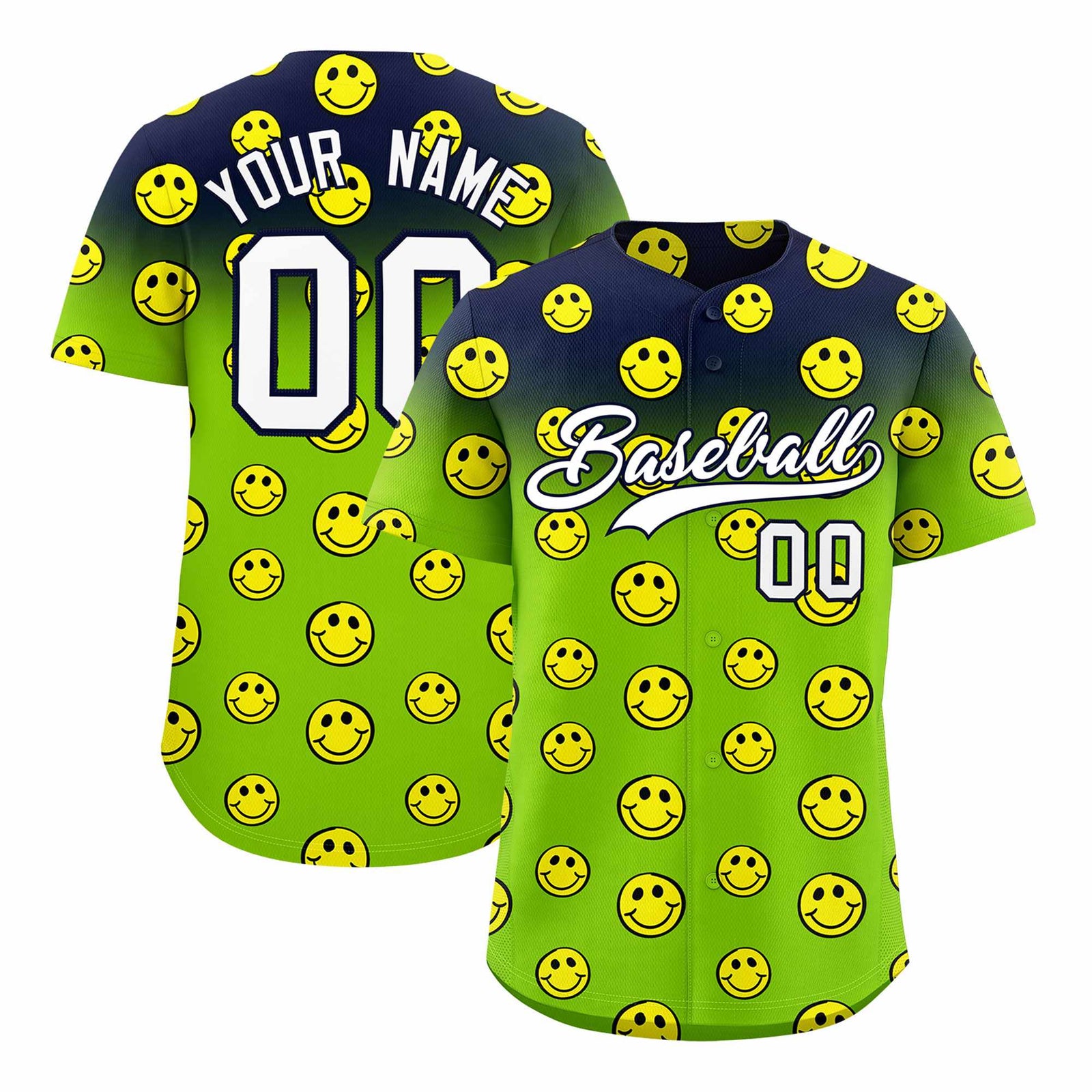 Custom Navy Neon Green Graffiti Gradient Pattern Authentic Smile Baseball Jersey