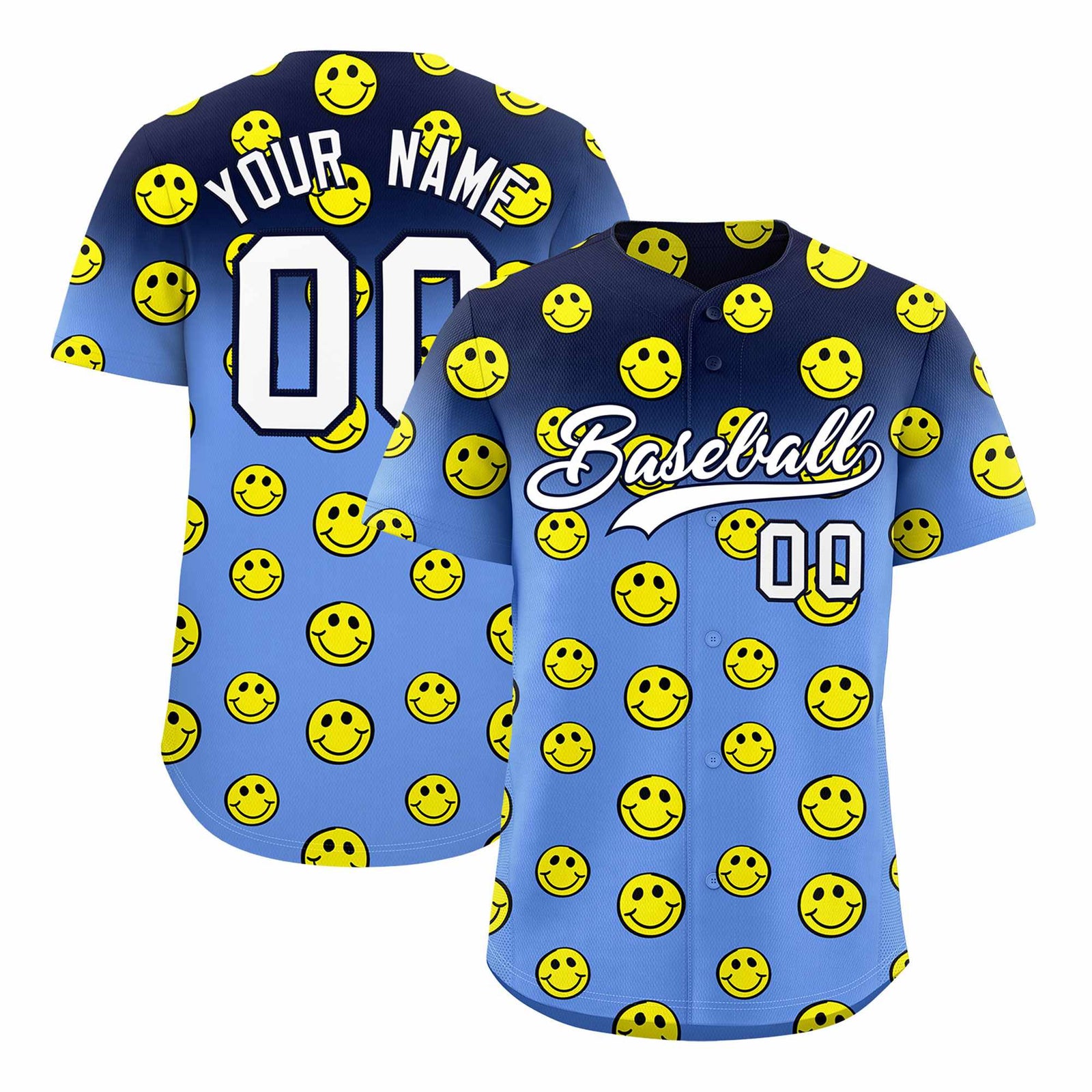 Custom Navy Light Blue Graffiti Gradient Pattern Authentic Smile Baseball Jersey