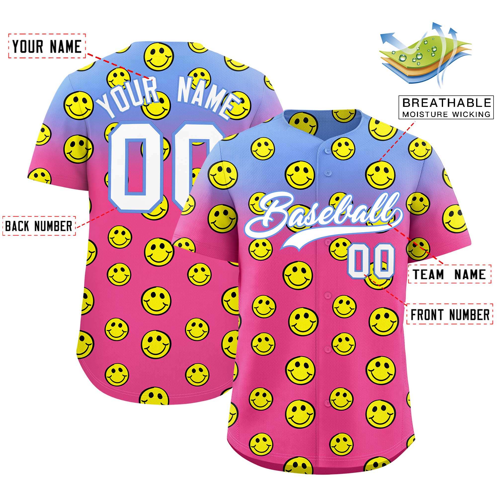 Custom Light Blue Pink Graffiti Gradient Pattern Authentic Smile Baseball Jersey