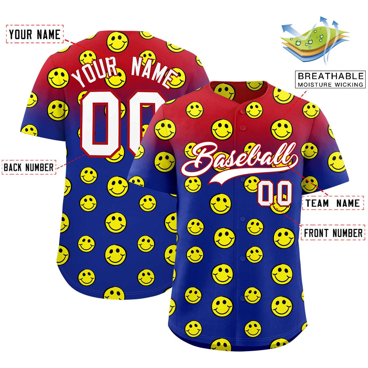 Custom Red Royal Graffiti Gradient Pattern Authentic Smile Baseball Jersey
