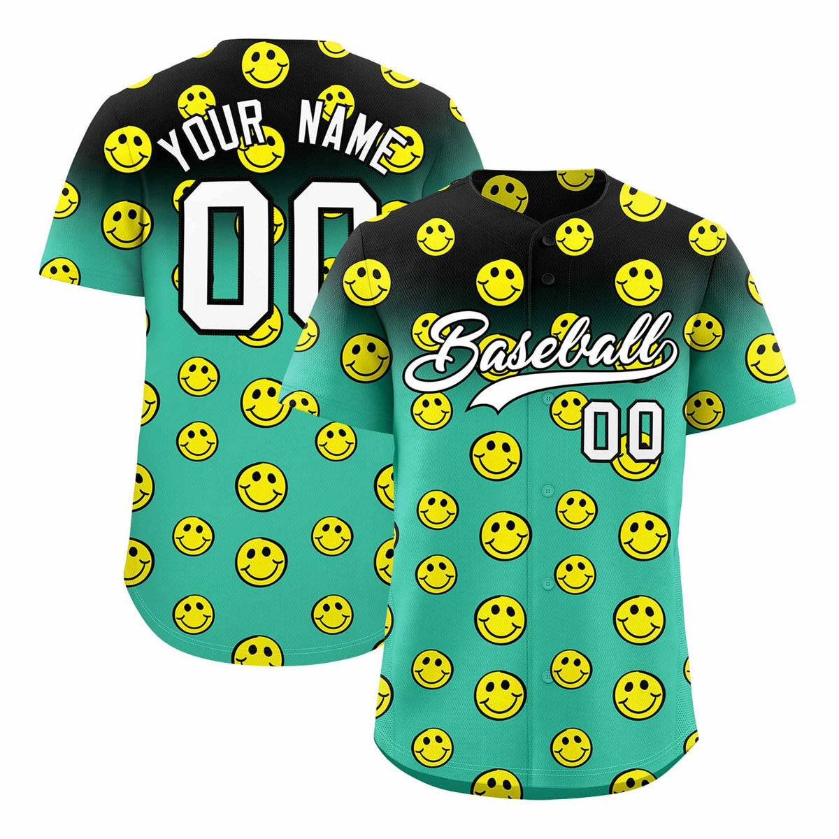 Custom Black Bright Green Graffiti Gradient Pattern Authentic Smile Baseball Jersey