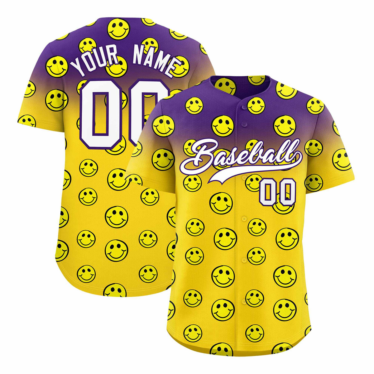 Custom Purple Gold Graffiti Gradient Pattern Authentic Smile Baseball Jersey