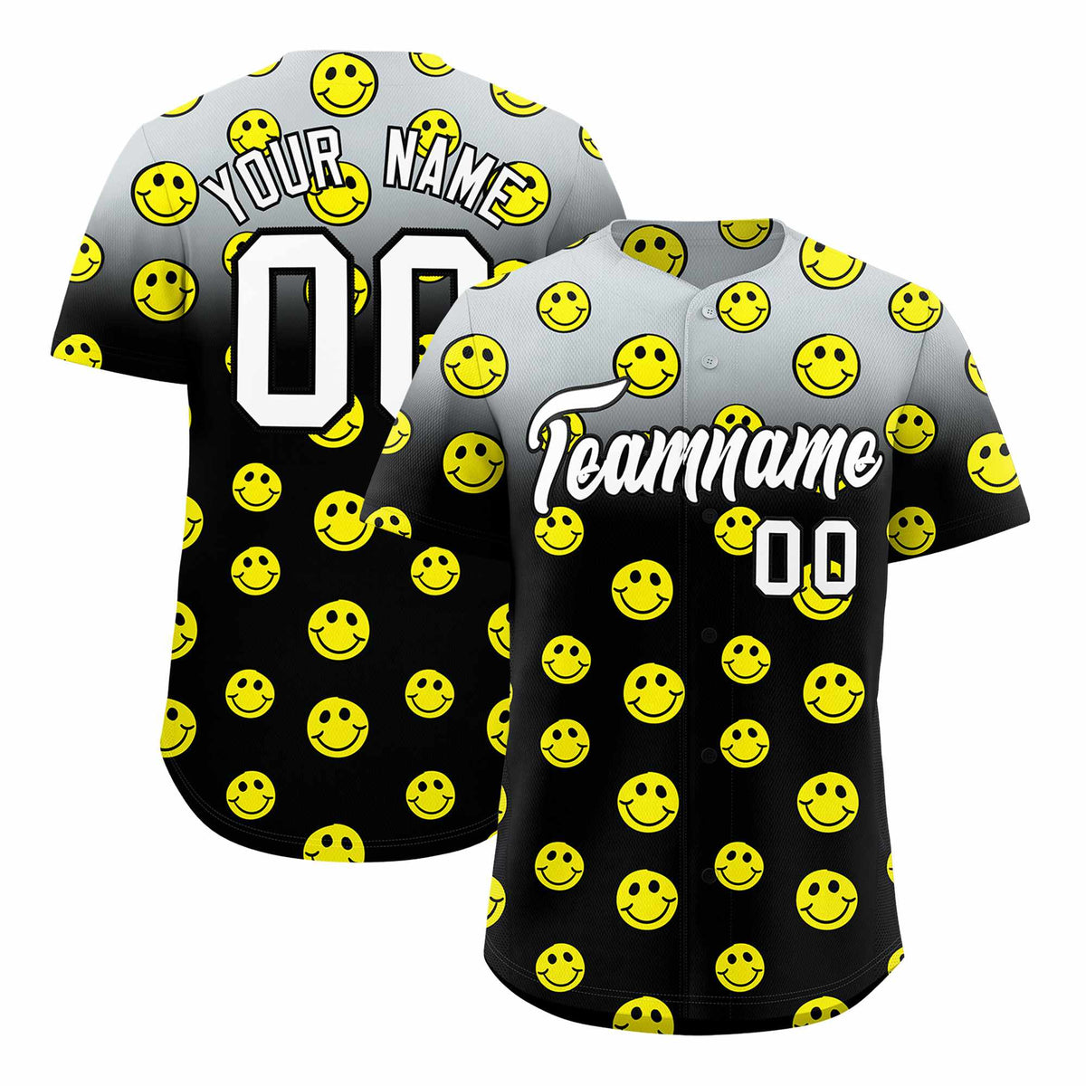 Custom Silver Black Graffiti Gradient Pattern Authentic Smile Baseball Jersey